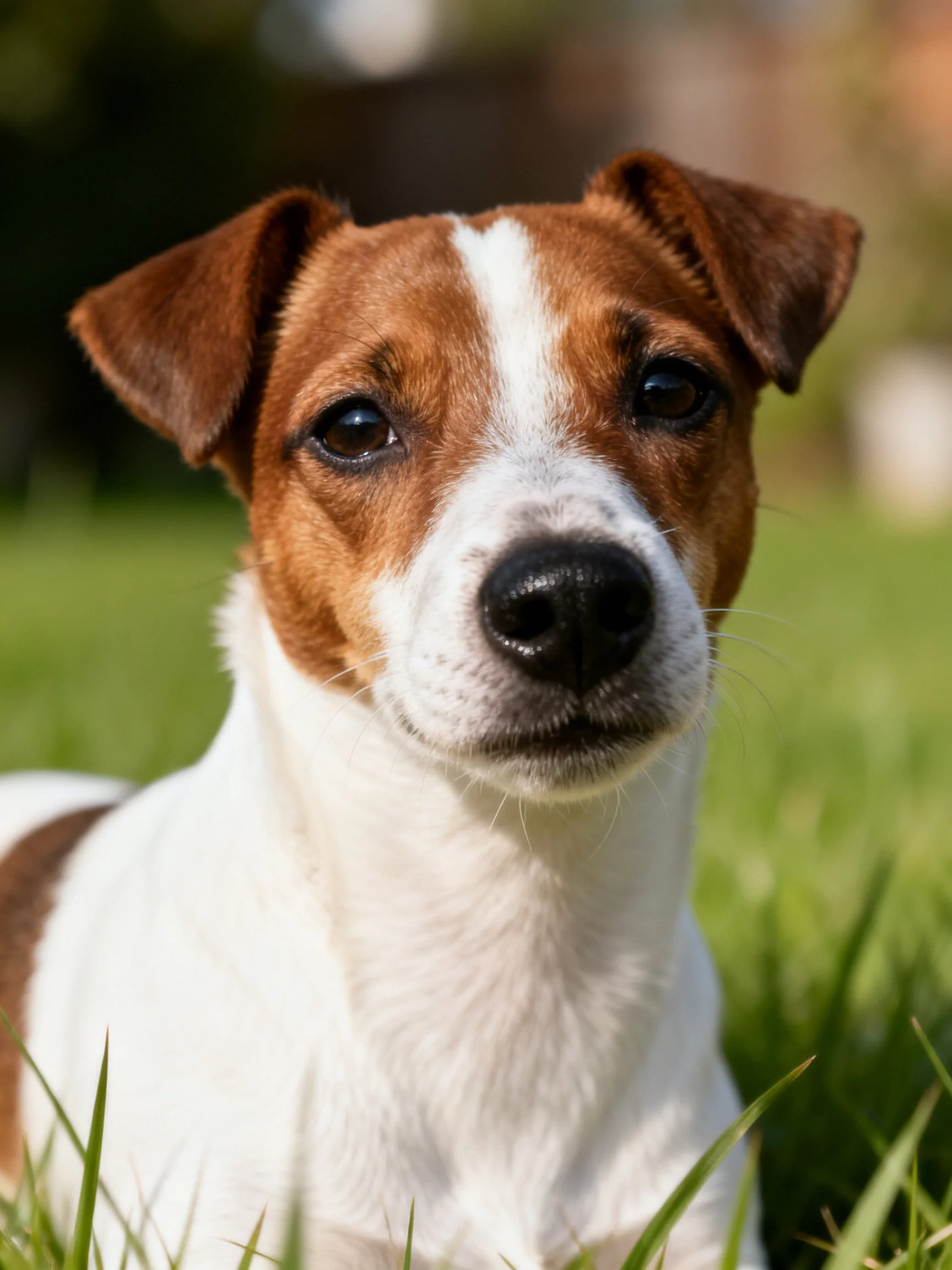 A brown and white dog sits in a grassy outdoor area.