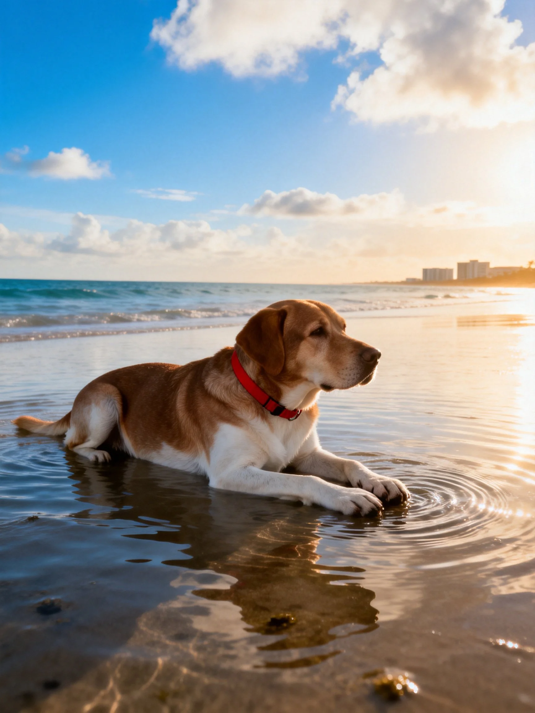 A brown and white dog rests in shallow ocean water at sunset