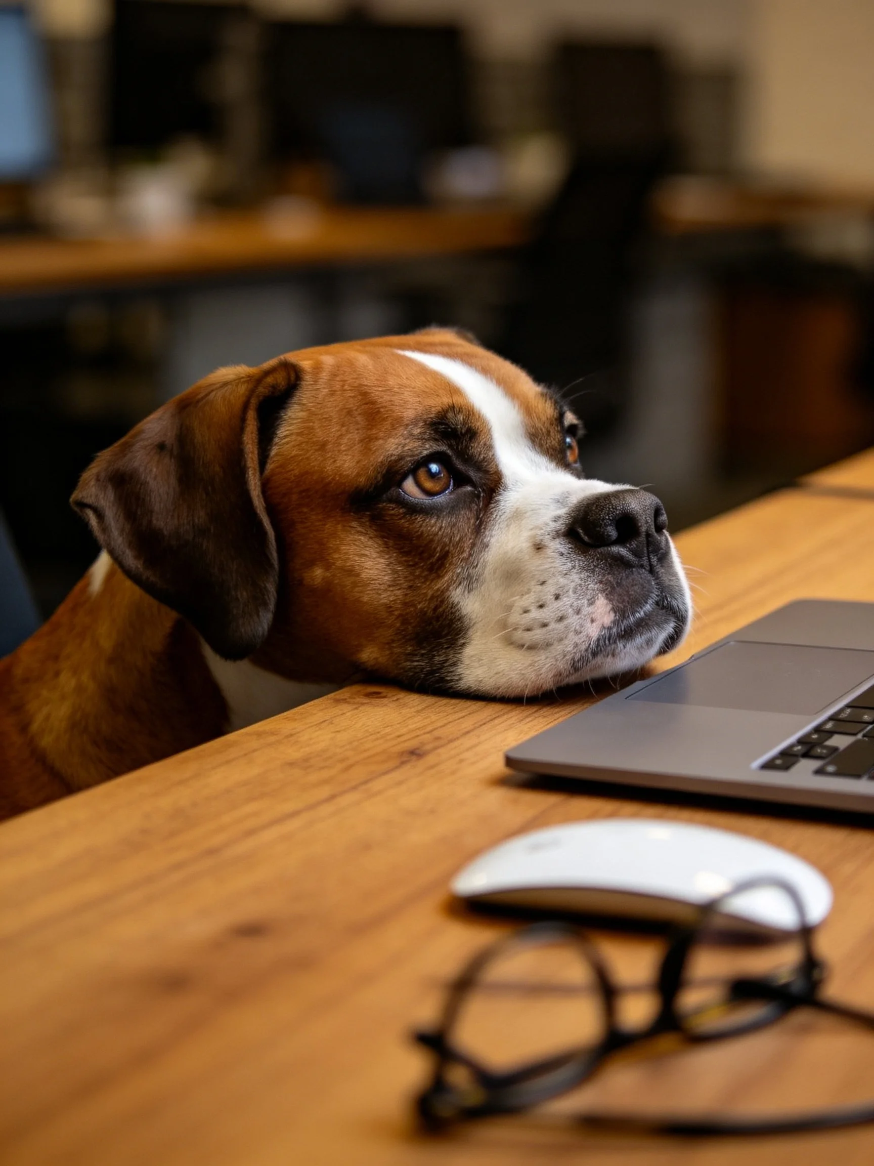 A brown and white dog rests its head on a wooden desk near a laptop and computer accessories.
