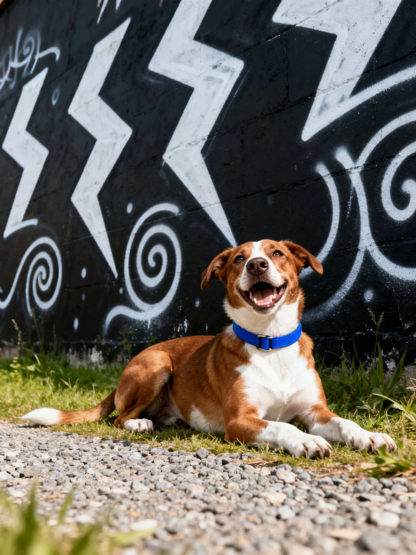 A brown and white dog relaxes beside a black graffiti wall.