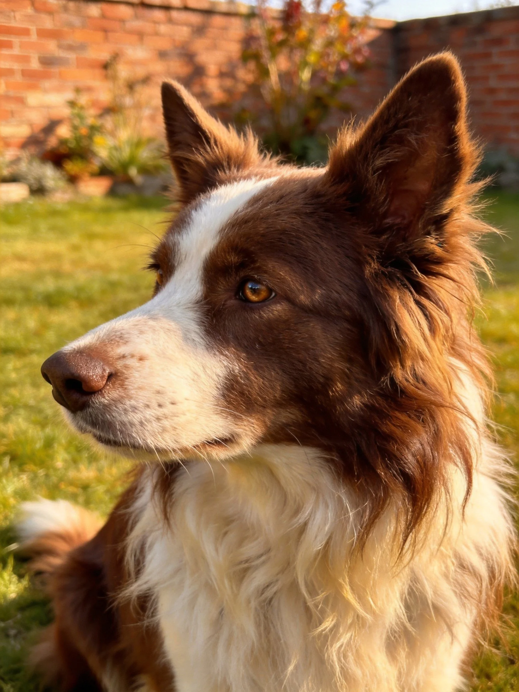 A brown and white dog relaxes in a sunlit garden with a brick wall behind