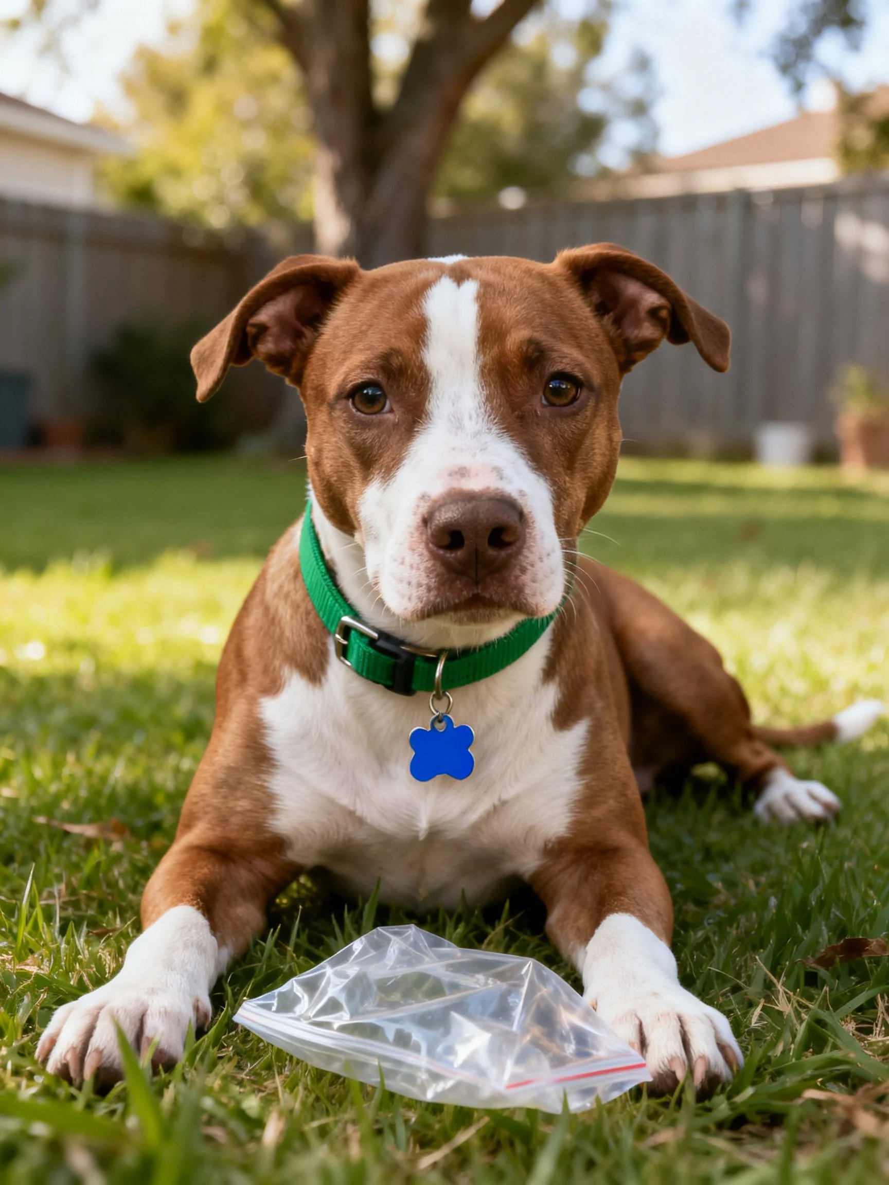A brown and white dog relaxes on grass next to a plastic bag in a backyard.
