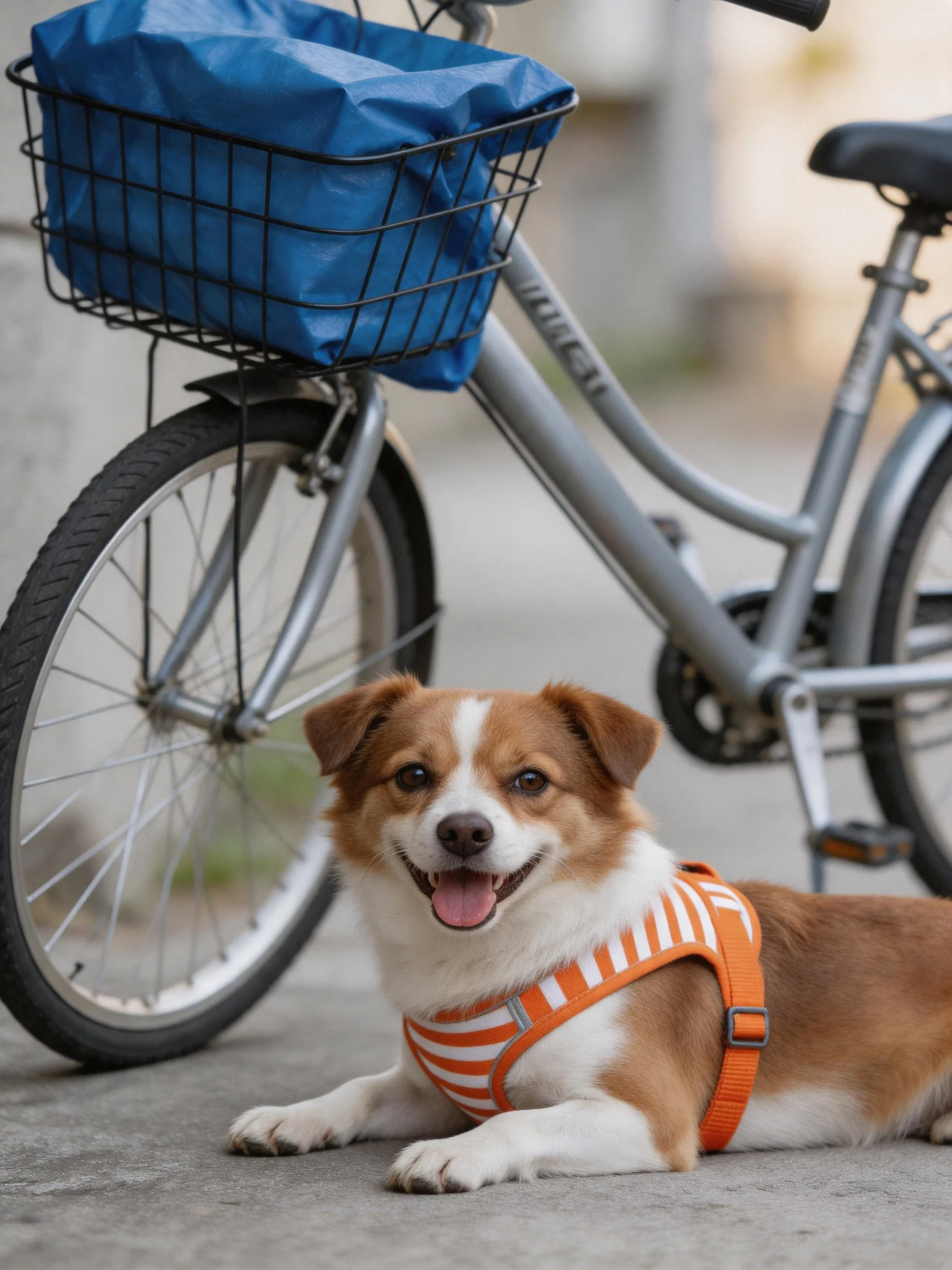A happy dog sits beside a silver bicycle with a blue basket.