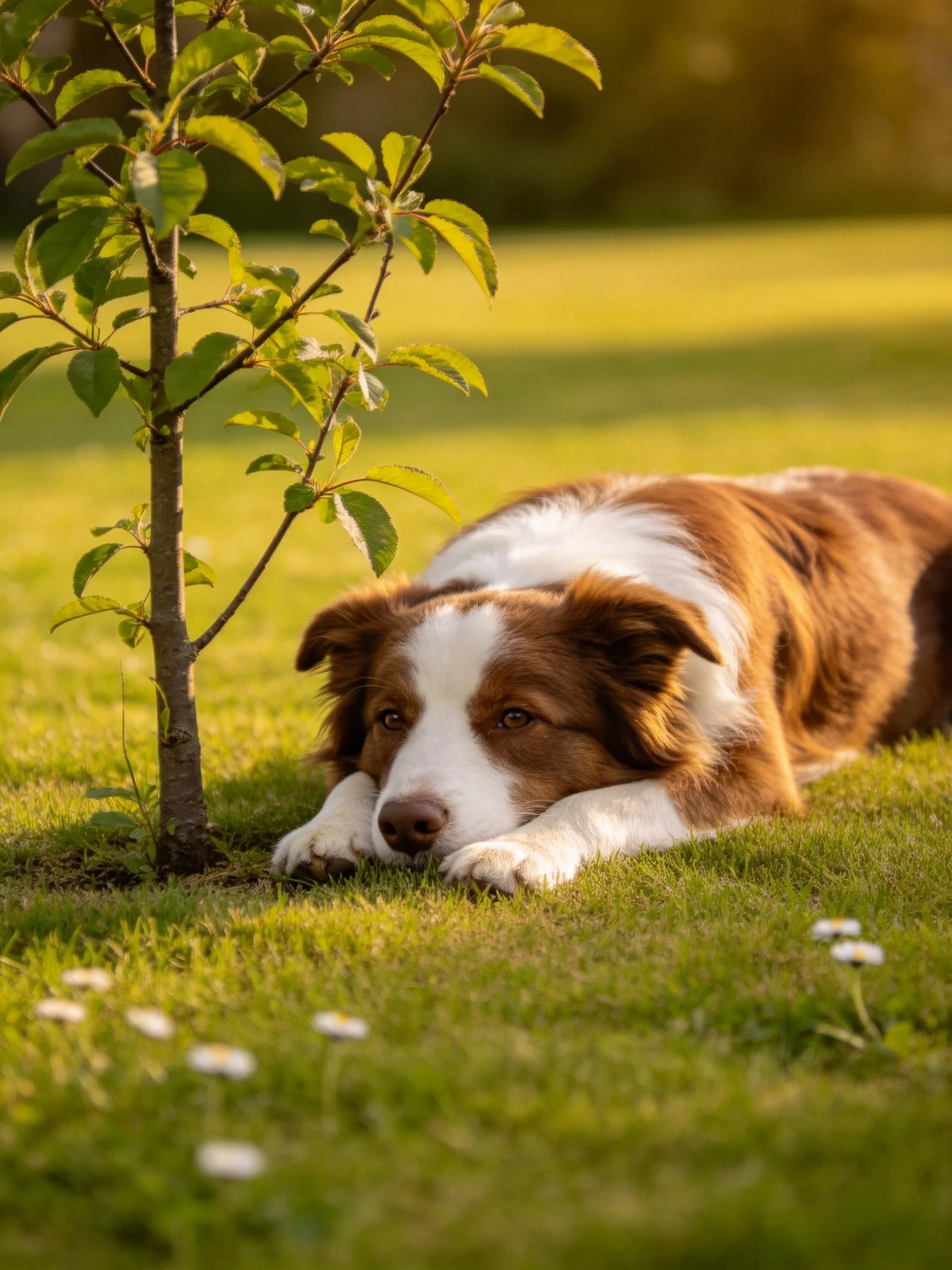A brown and white dog rests near a small tree in a sunlit grassy area.