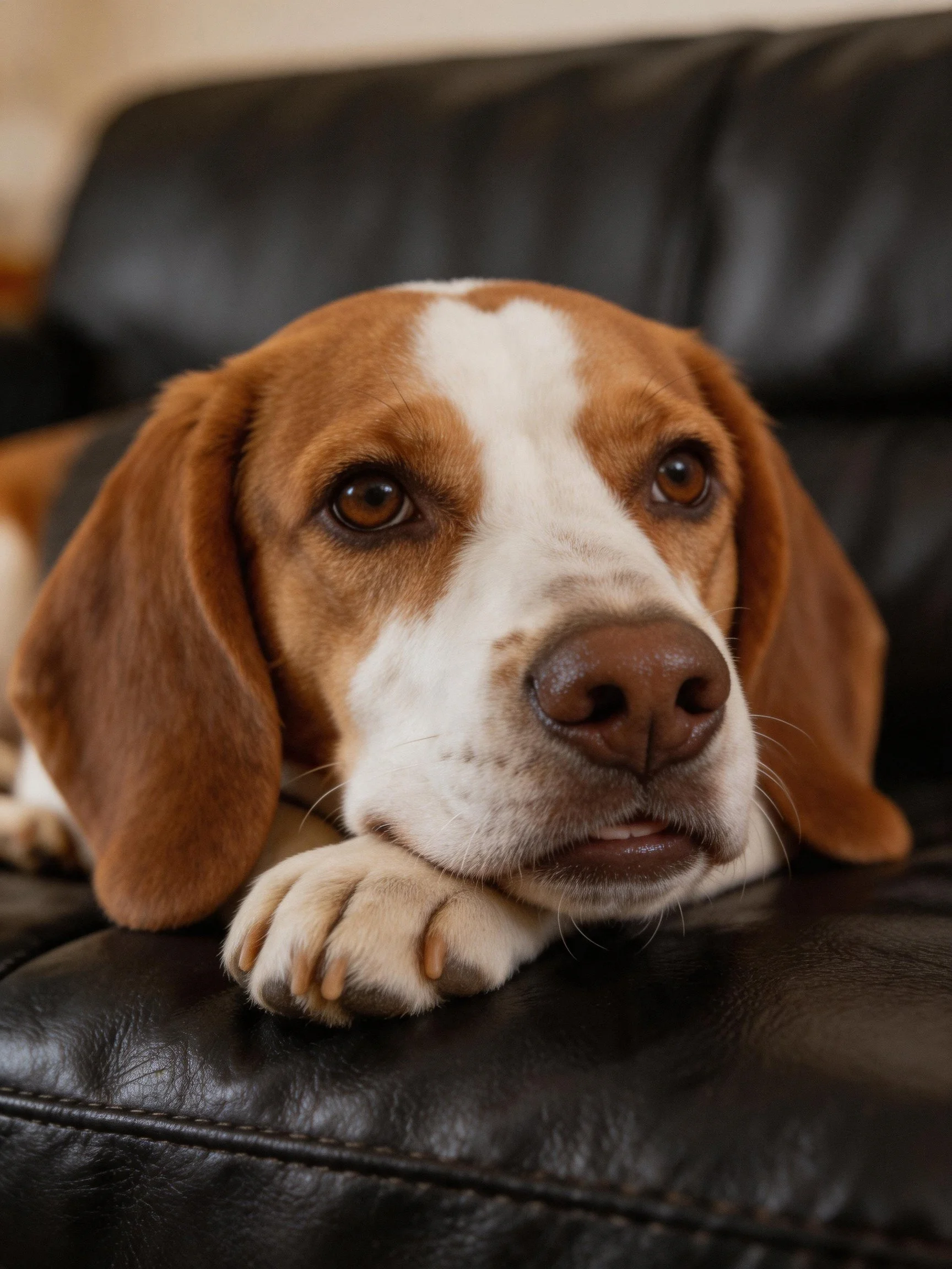 A brown and white dog relaxes on a black leather couch.