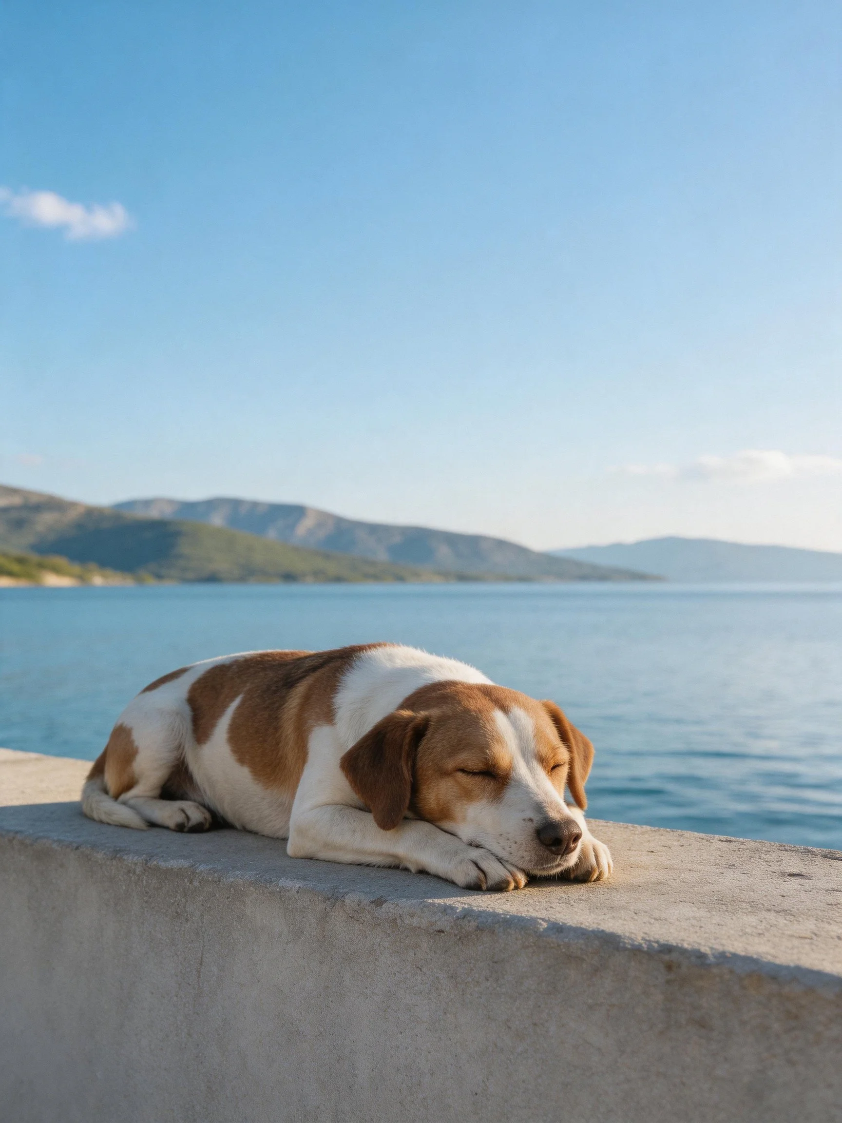 A brown and white dog rests on a concrete ledge by calm blue waters