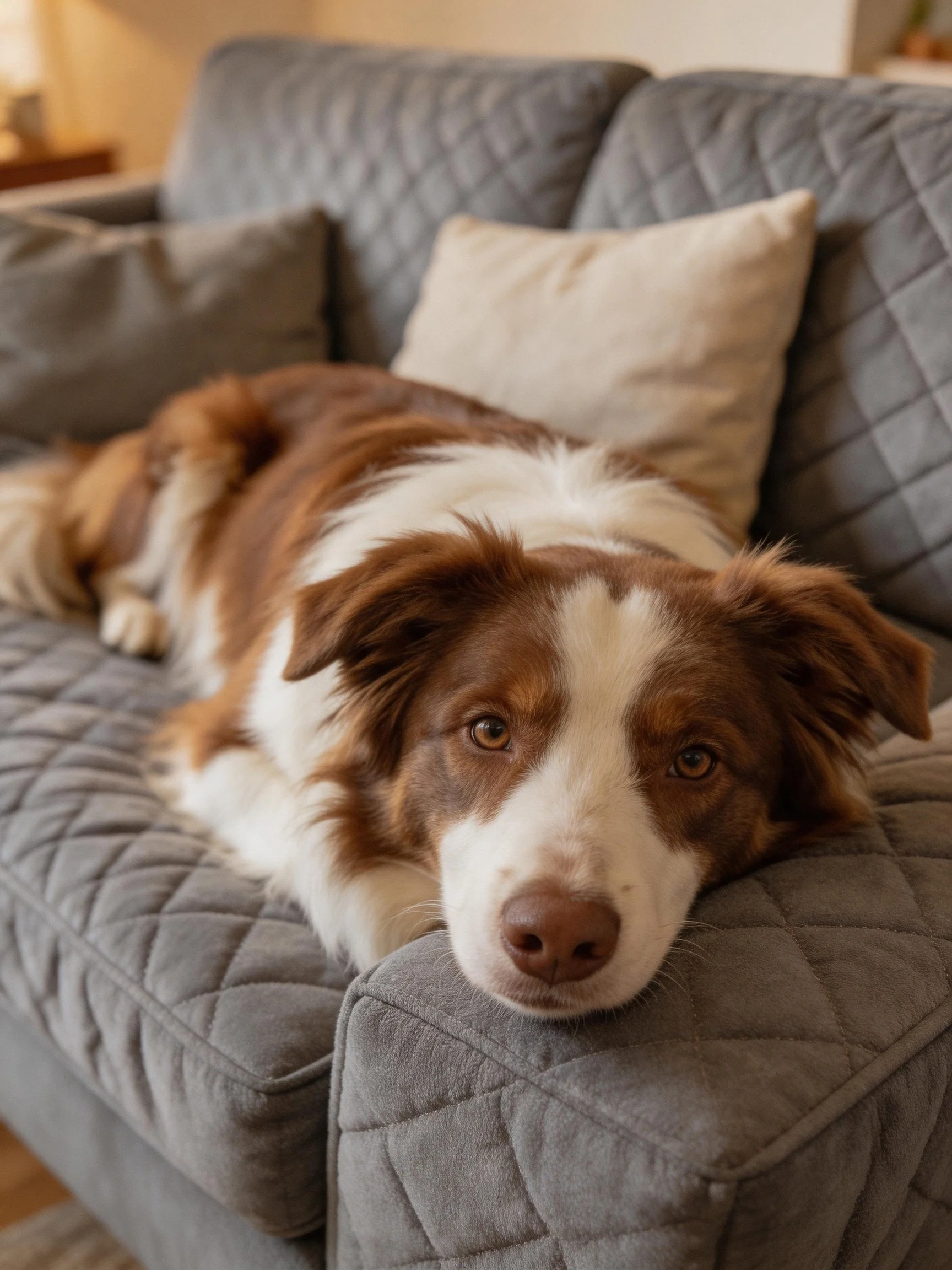 A brown and white dog relaxes on a gray quilted sofa with cushions