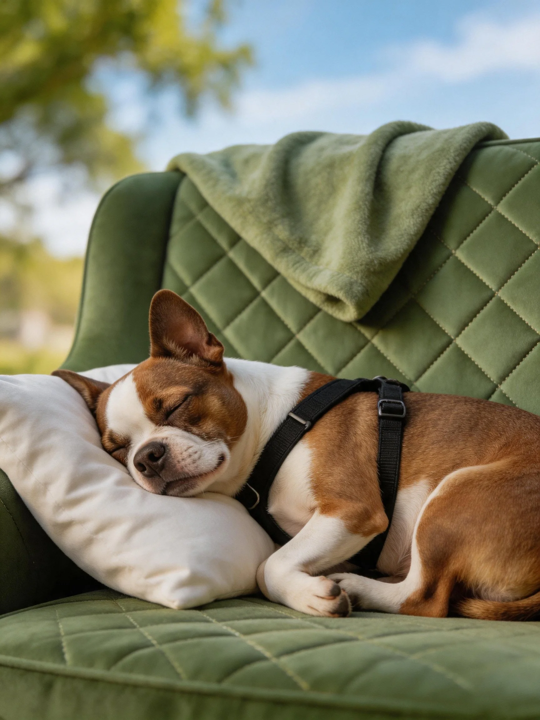 A small brown and white dog sleeps on a green chair with a pillow.