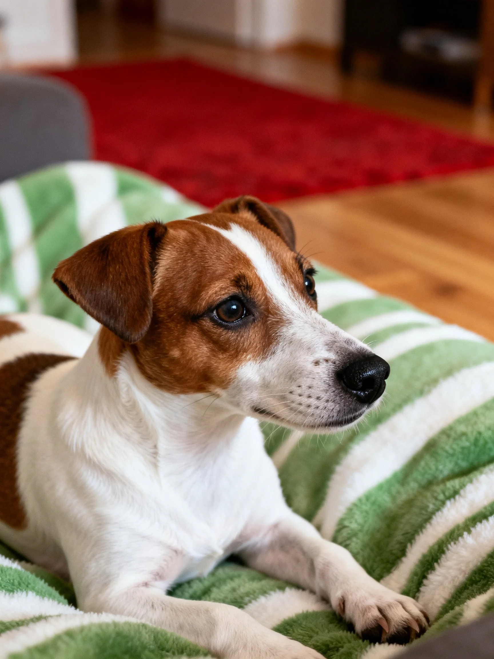 A brown and white dog lies calmly on a green striped blanket inside a home
