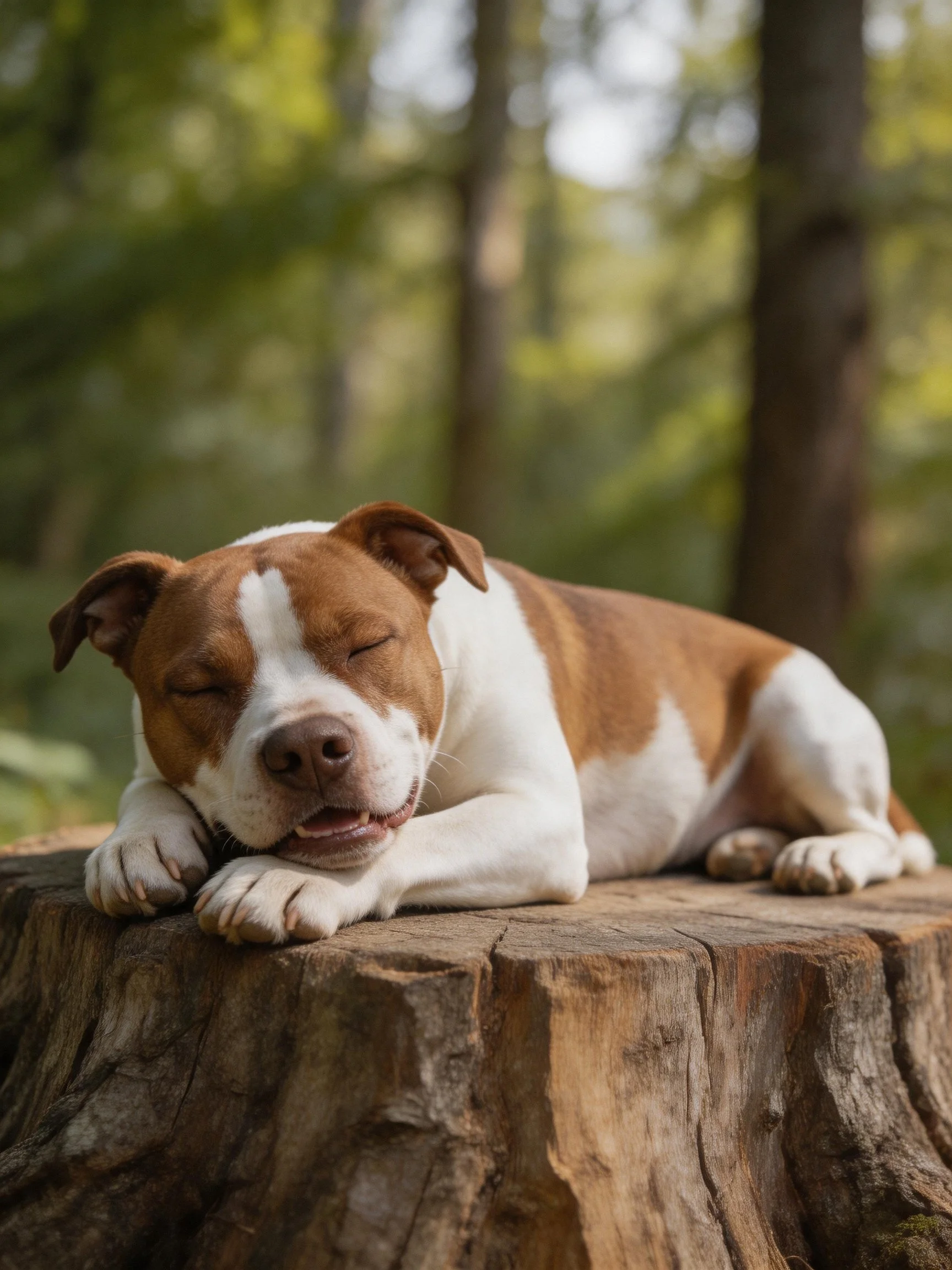 A brown and white dog sleeps on a tree stump in a wooded area.