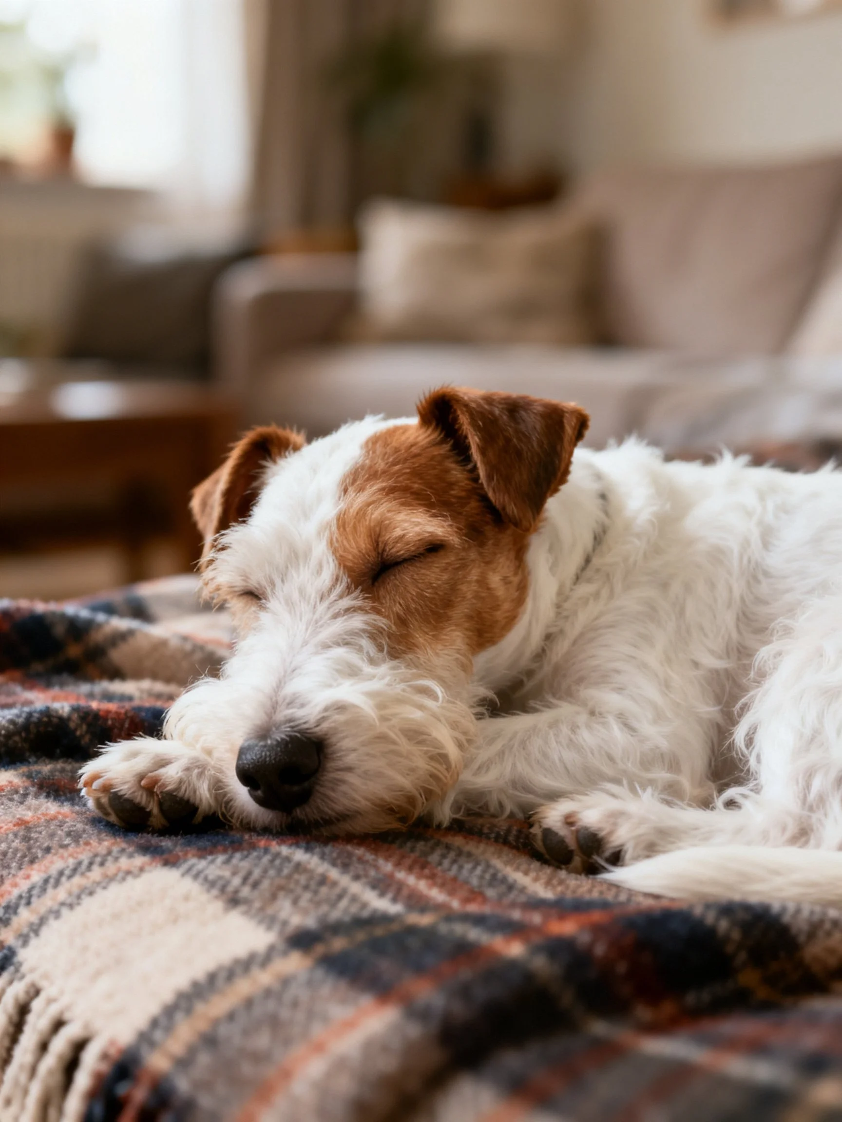 A brown and white dog sleeps comfortably on a plaid blanket in a cozy indoor setting.