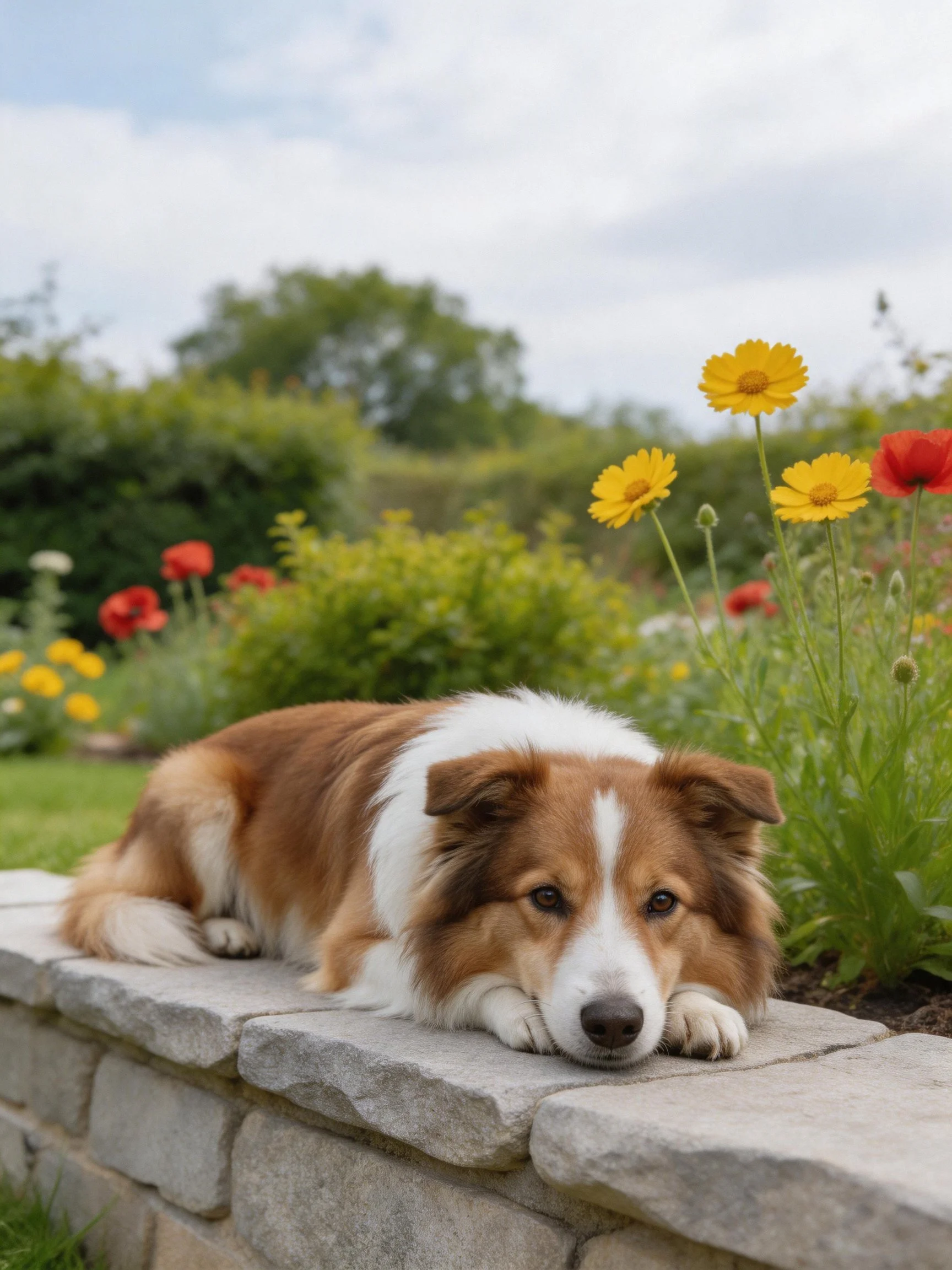 A brown and white dog rests on a stone wall amid flowering plants