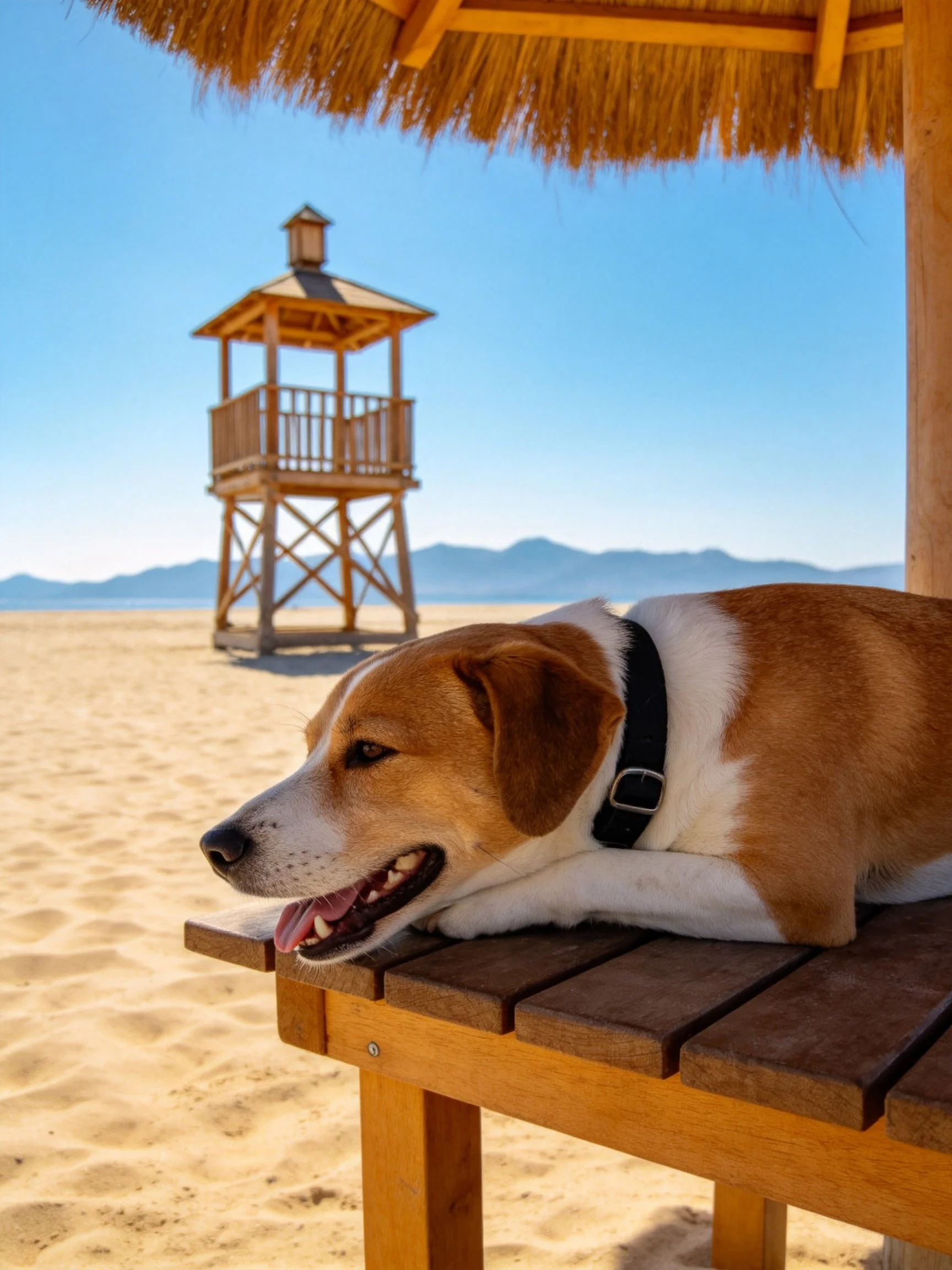 A brown and white dog rests on a wooden beach bench near a lifeguard tower
