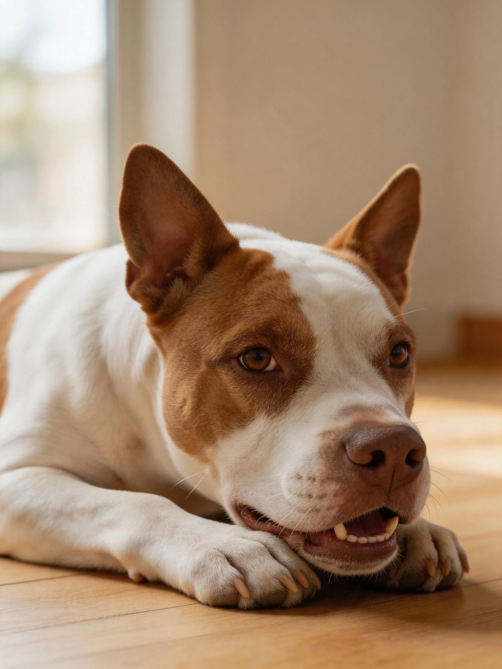A brown and white dog rests on a wooden floor by a sunlit window