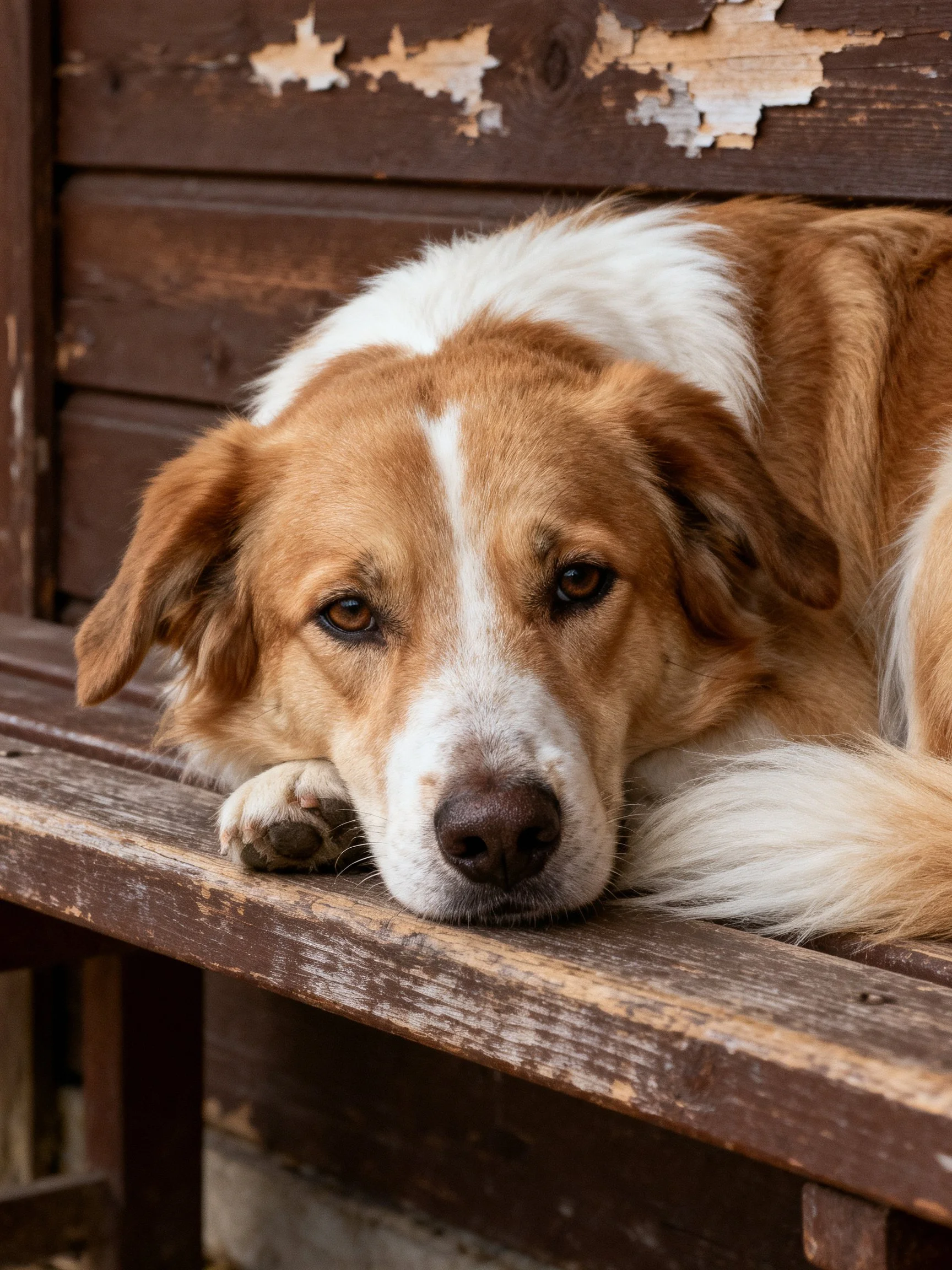 A brown and white dog relaxes on a weathered wooden surface.