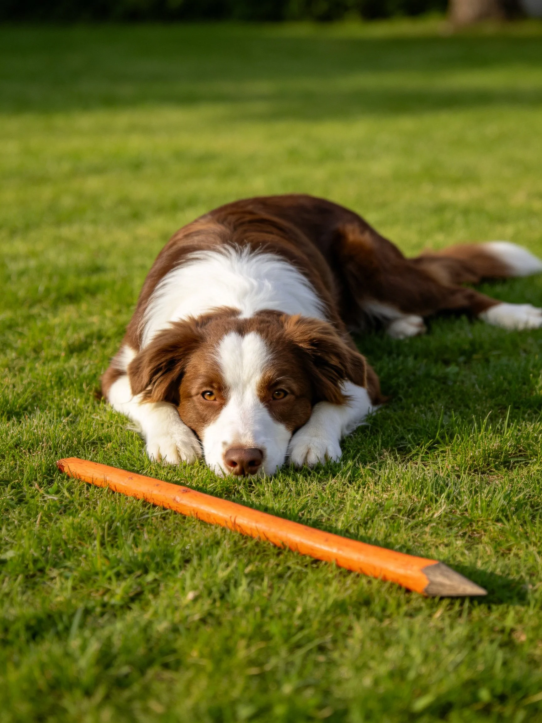 A brown and white dog lies on green grass beside a large orange object.