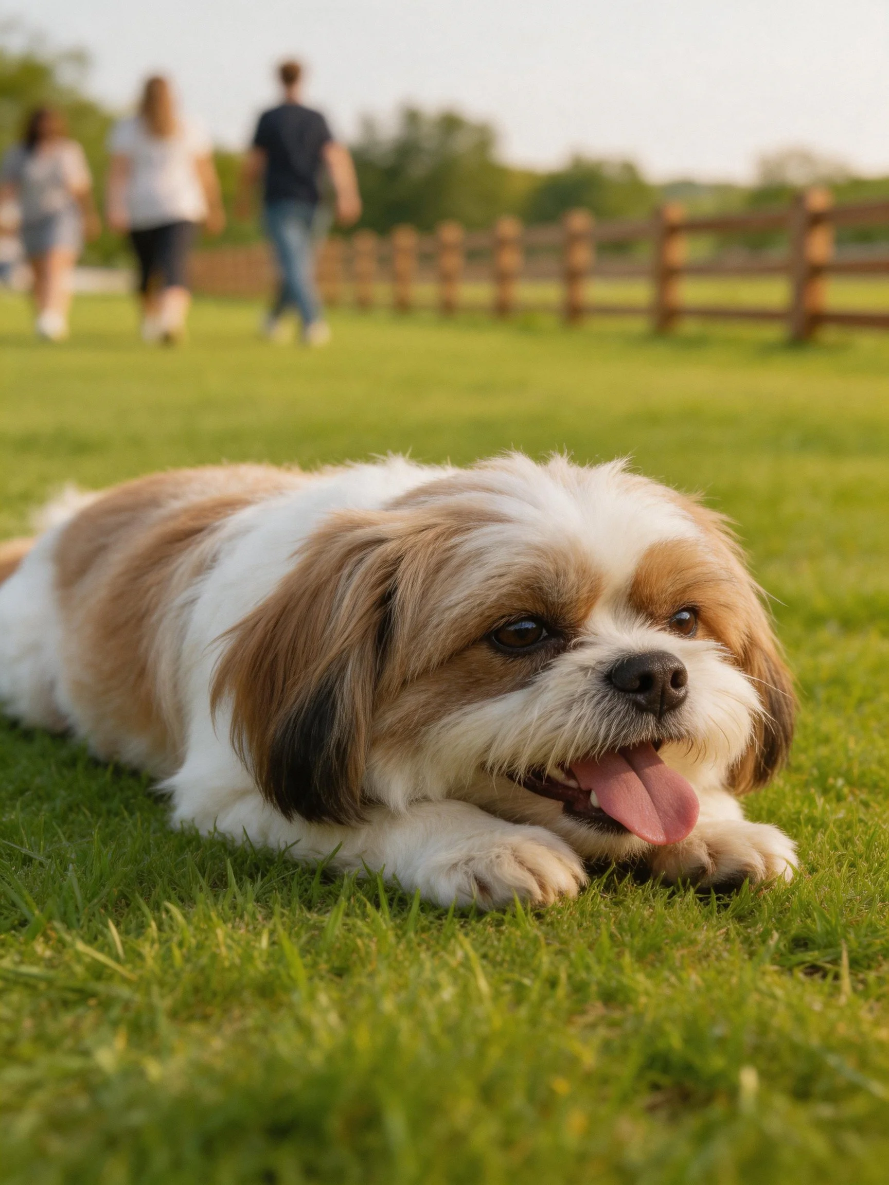 A brown and white dog relaxes on grass as people walk nearby