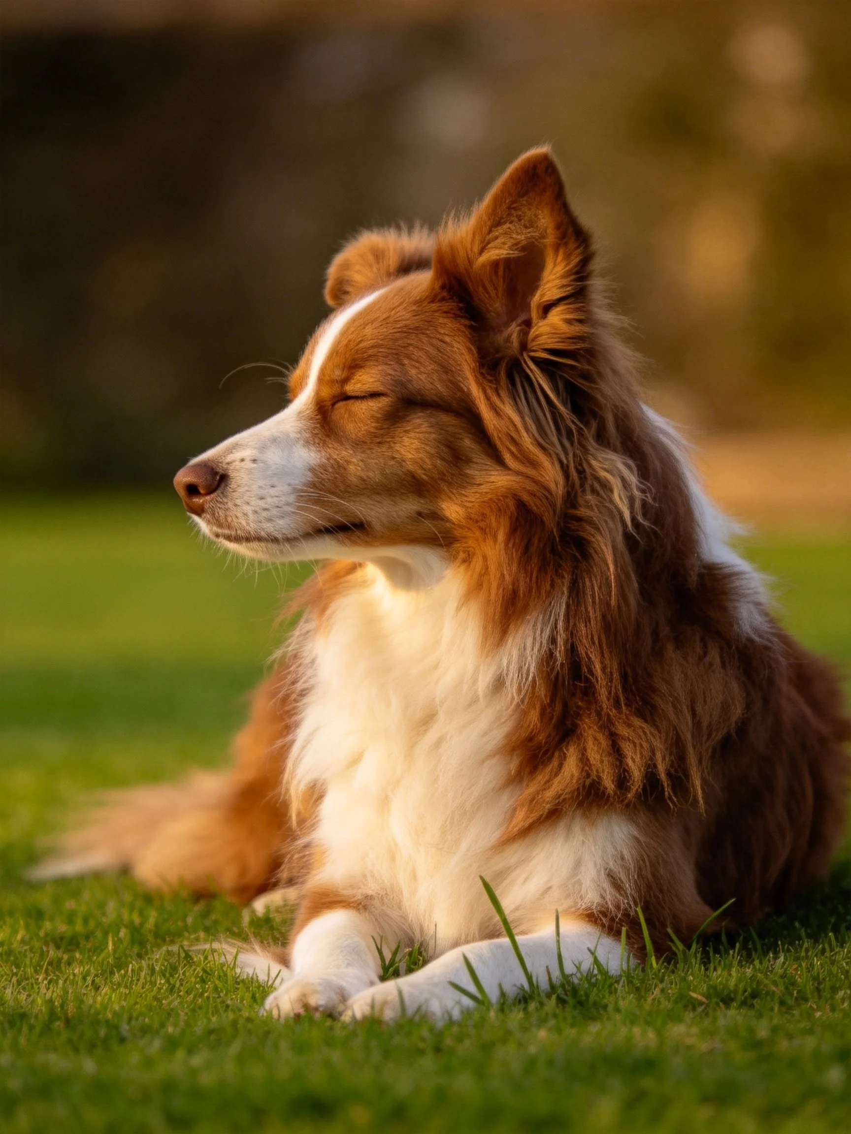 A brown and white dog relaxes on green grass in a sunlit outdoor area.