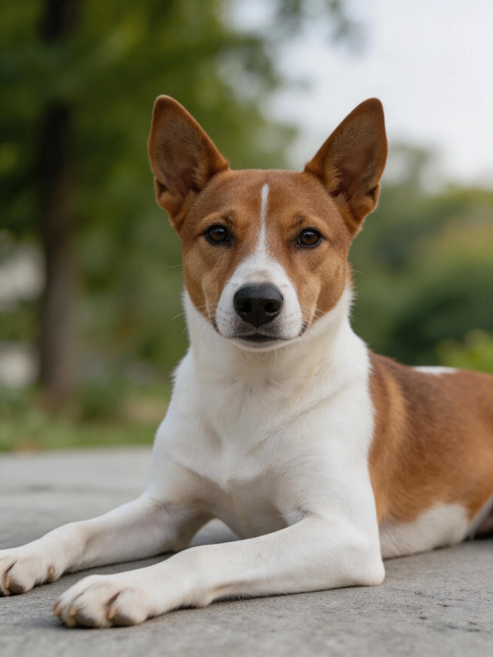 A brown and white dog rests on pavement with perked ears