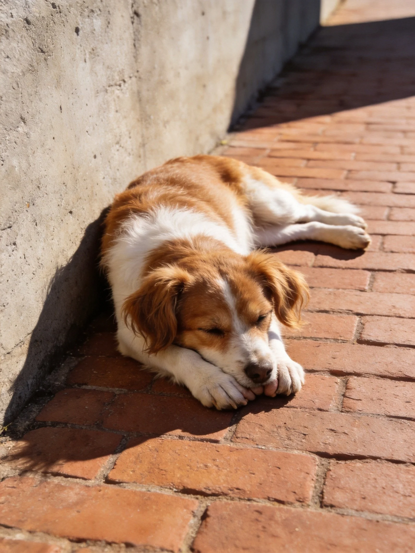 A brown and white dog rests on reddish bricks beside a gray concrete wall