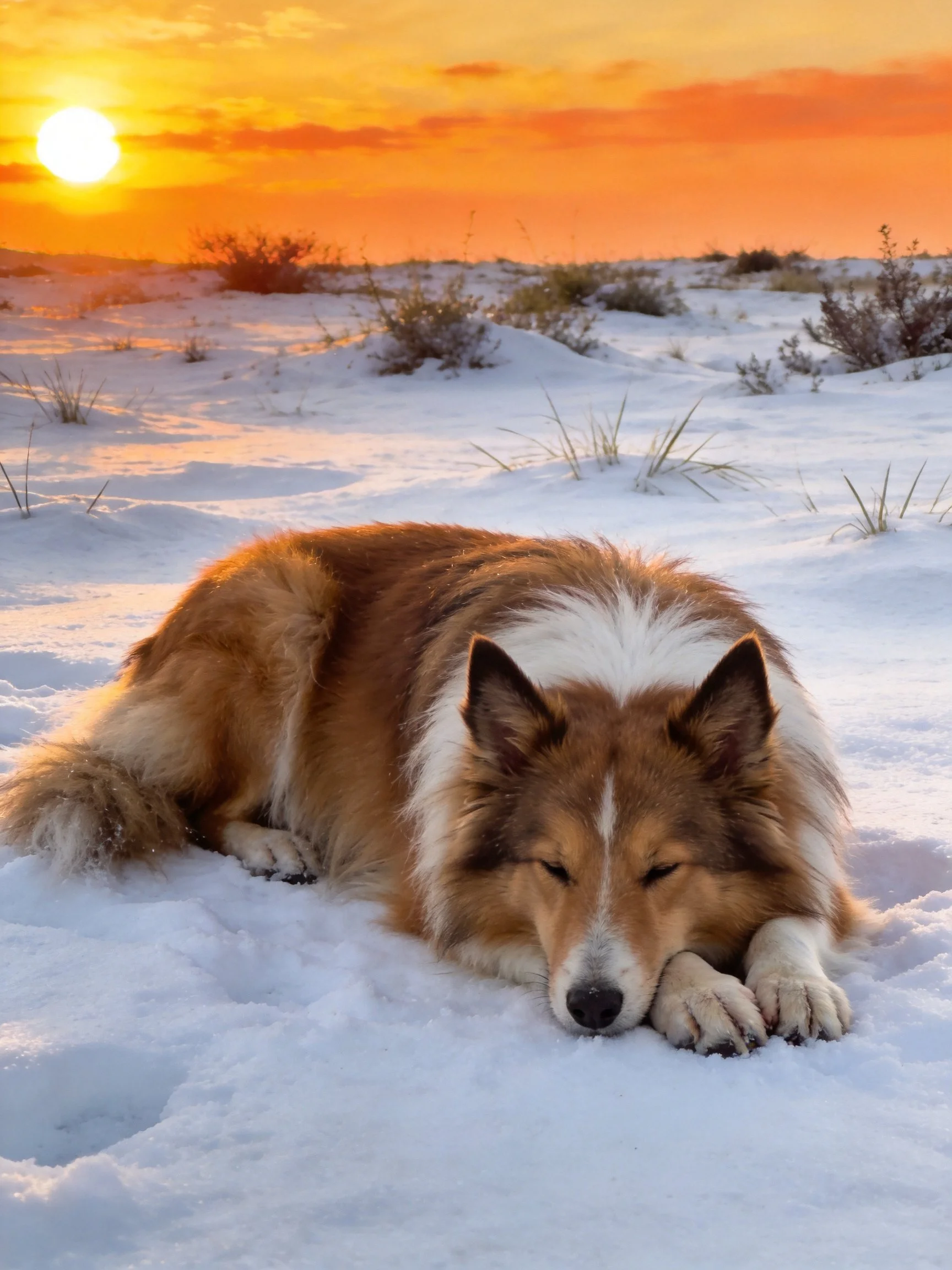 A brown and white dog lies on snow as the sun sets behind distant vegetation.