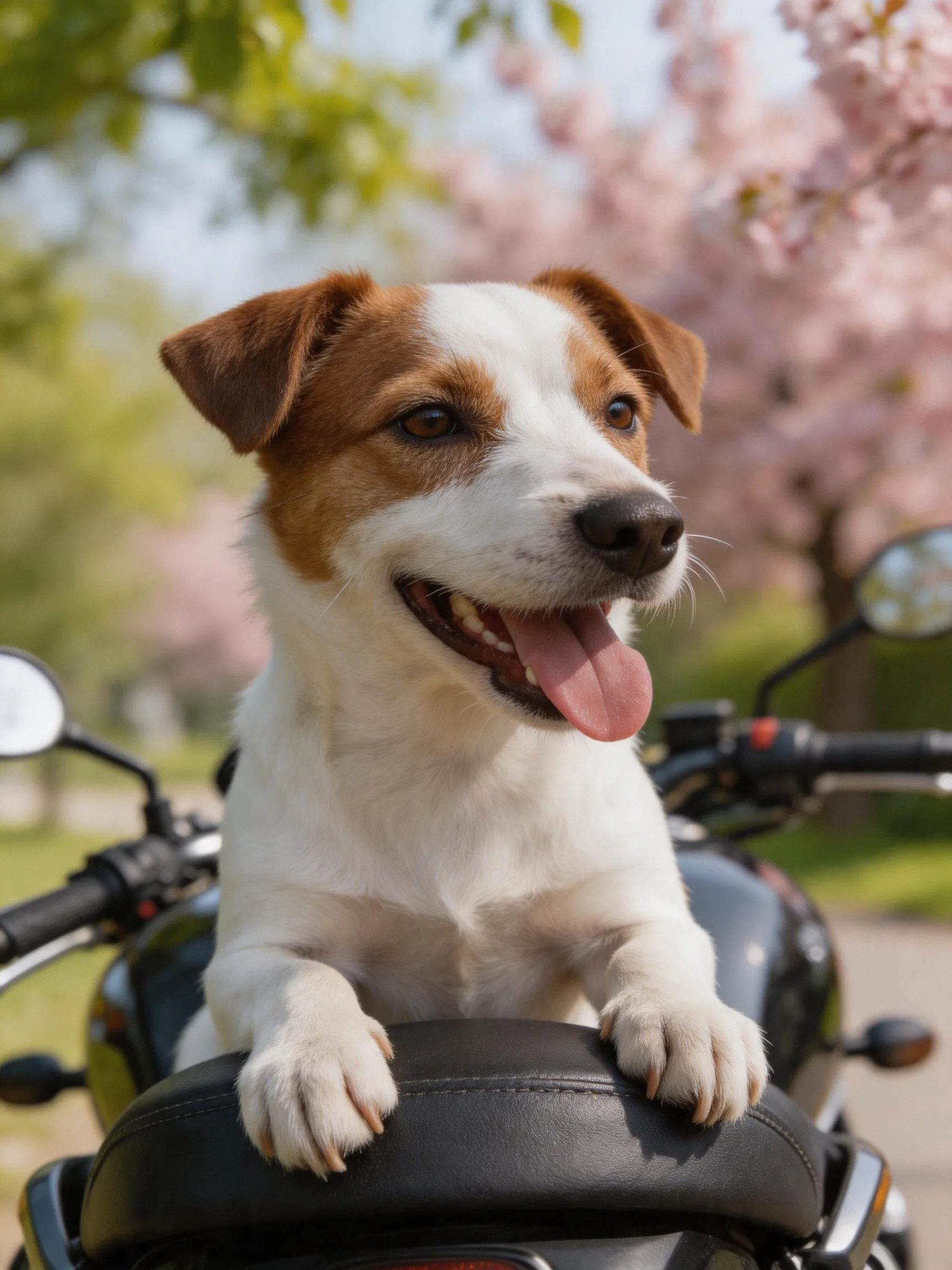 A brown-and-white dog rides a black motorcycle amid pink blossoms
