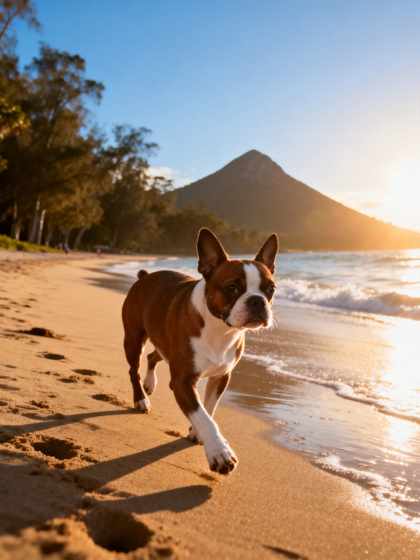 A dog runs along a sandy beach shoreline during sunset.