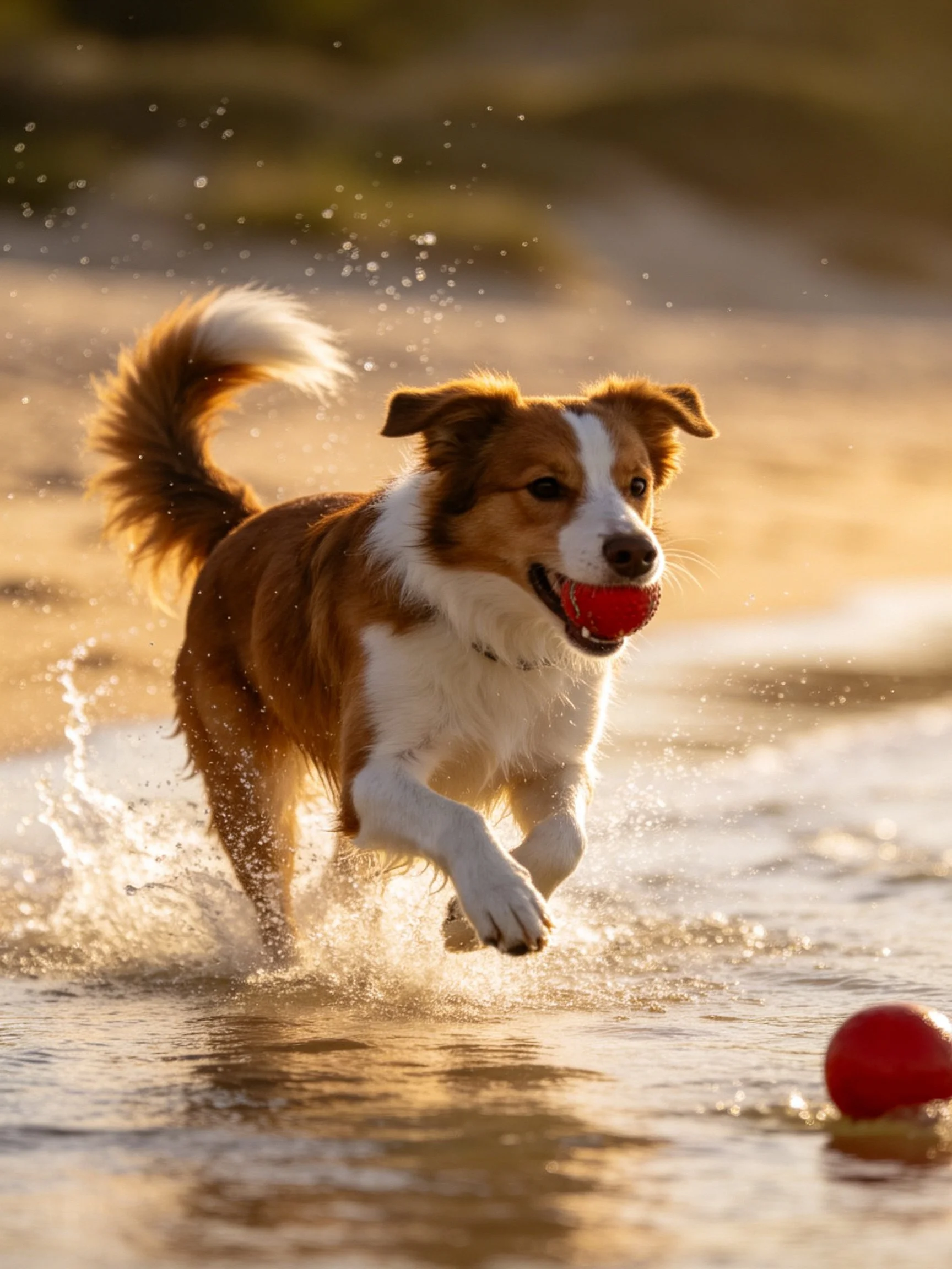 A brown and white dog running with a red ball in shallow water