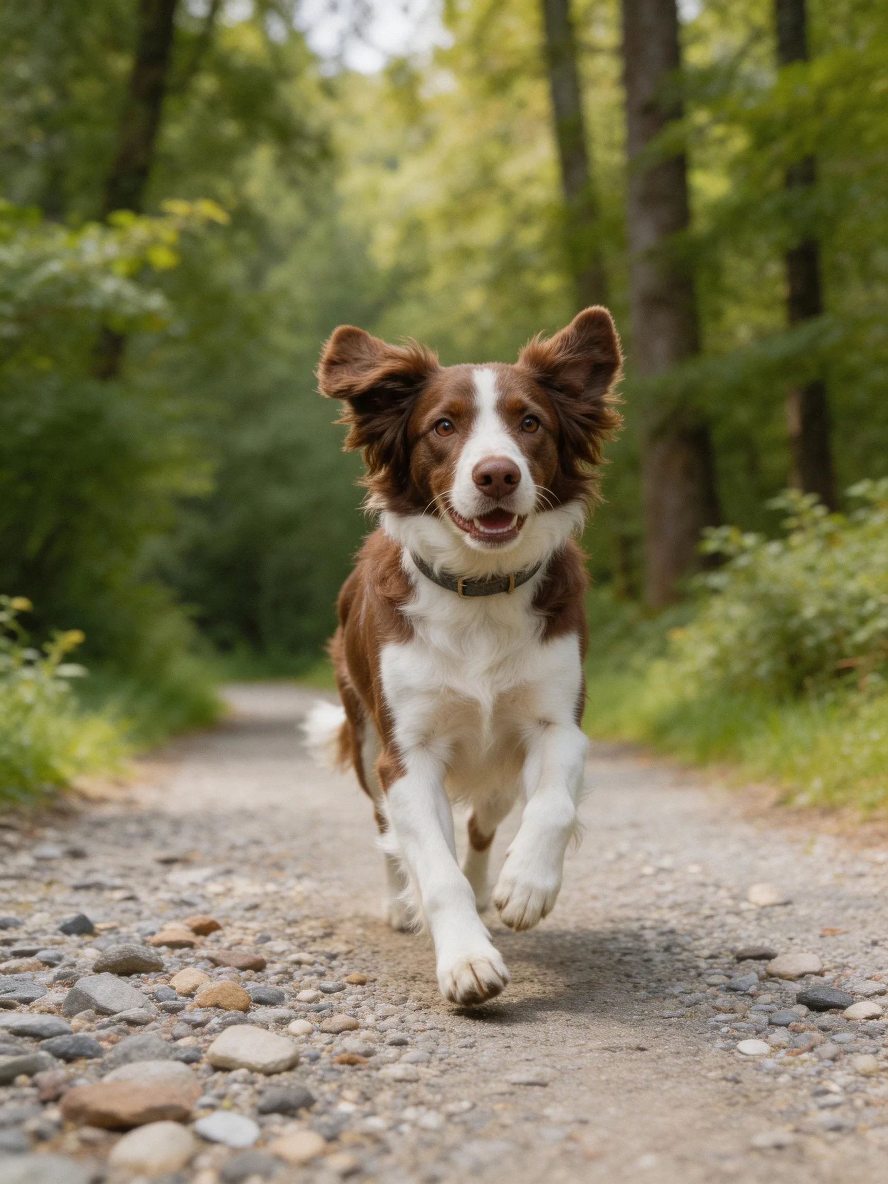 A brown and white dog runs energetically on a forest path