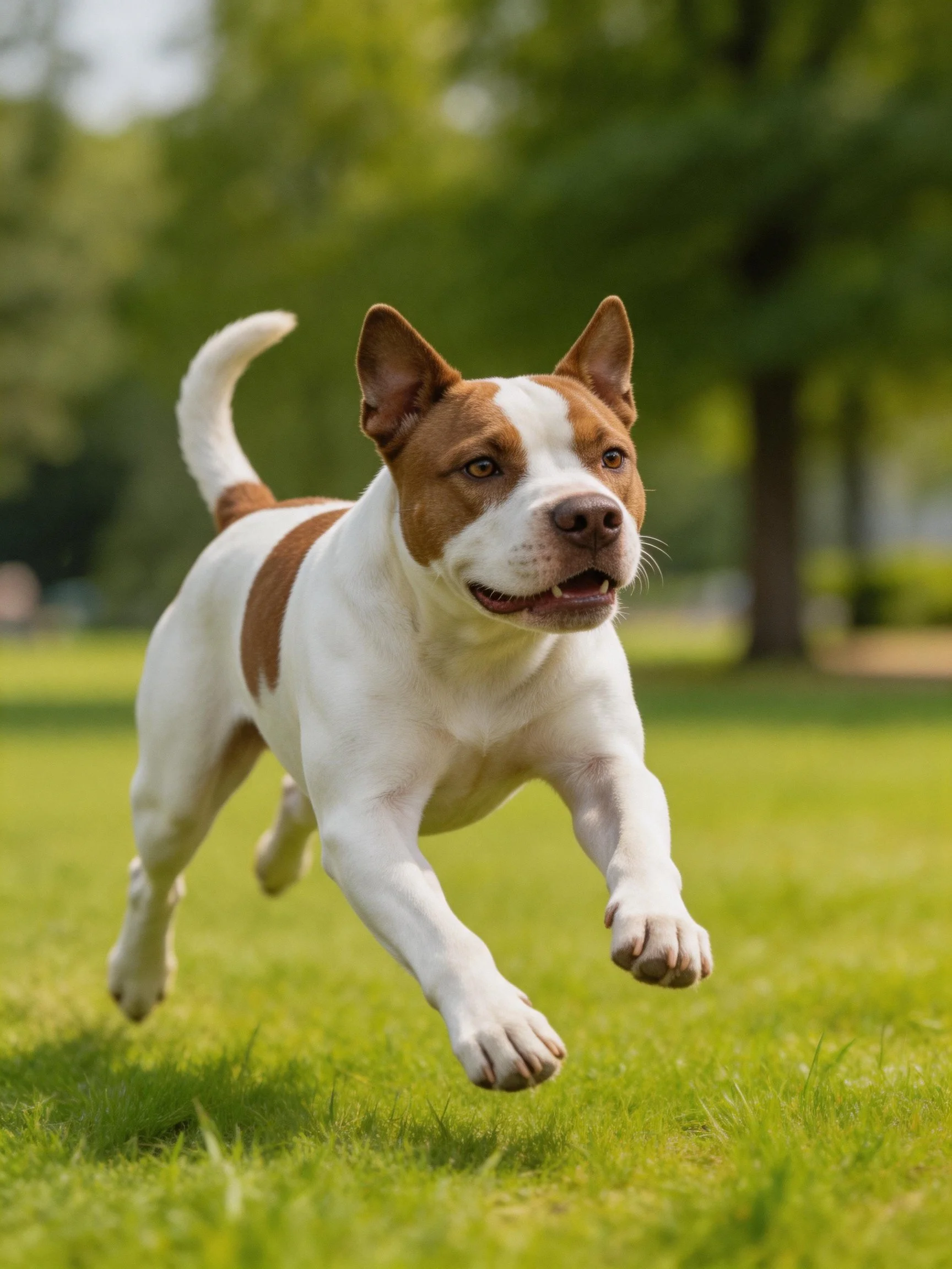 A brown and white dog runs energetically on green grass
