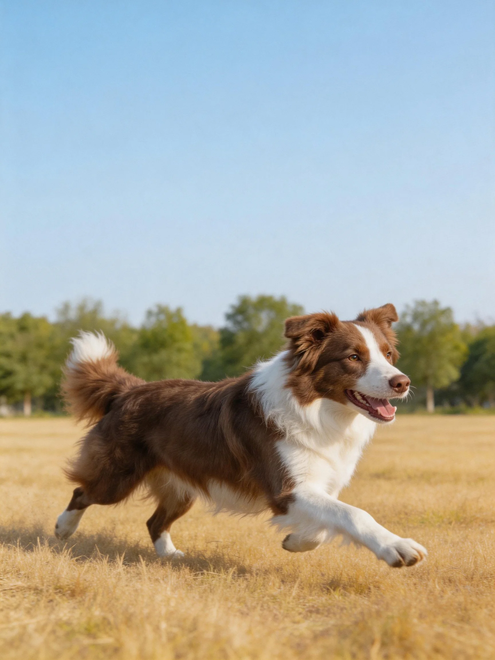A brown and white dog runs joyfully across a sunny open field