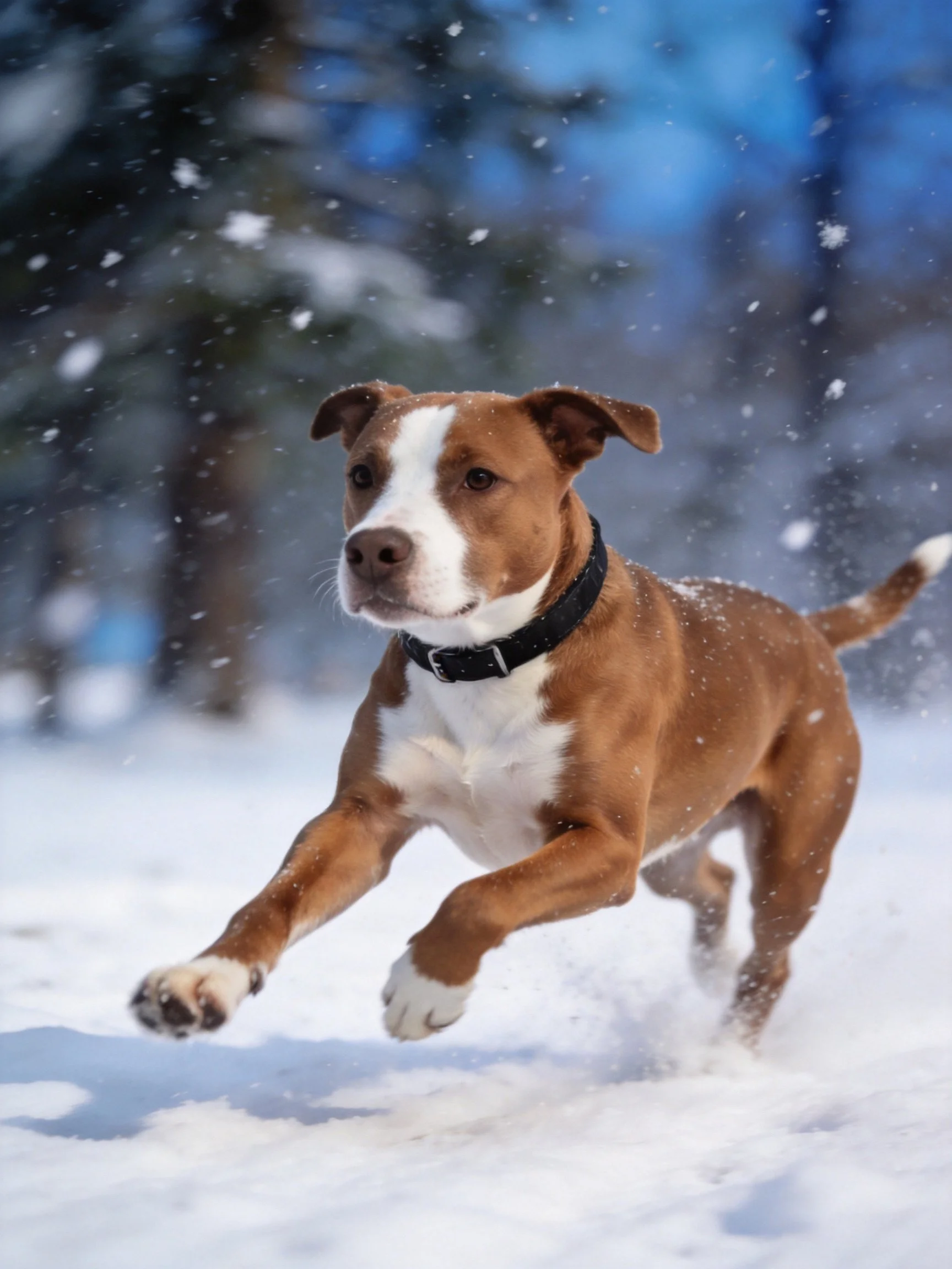 A brown and white dog runs energetically through falling snow
