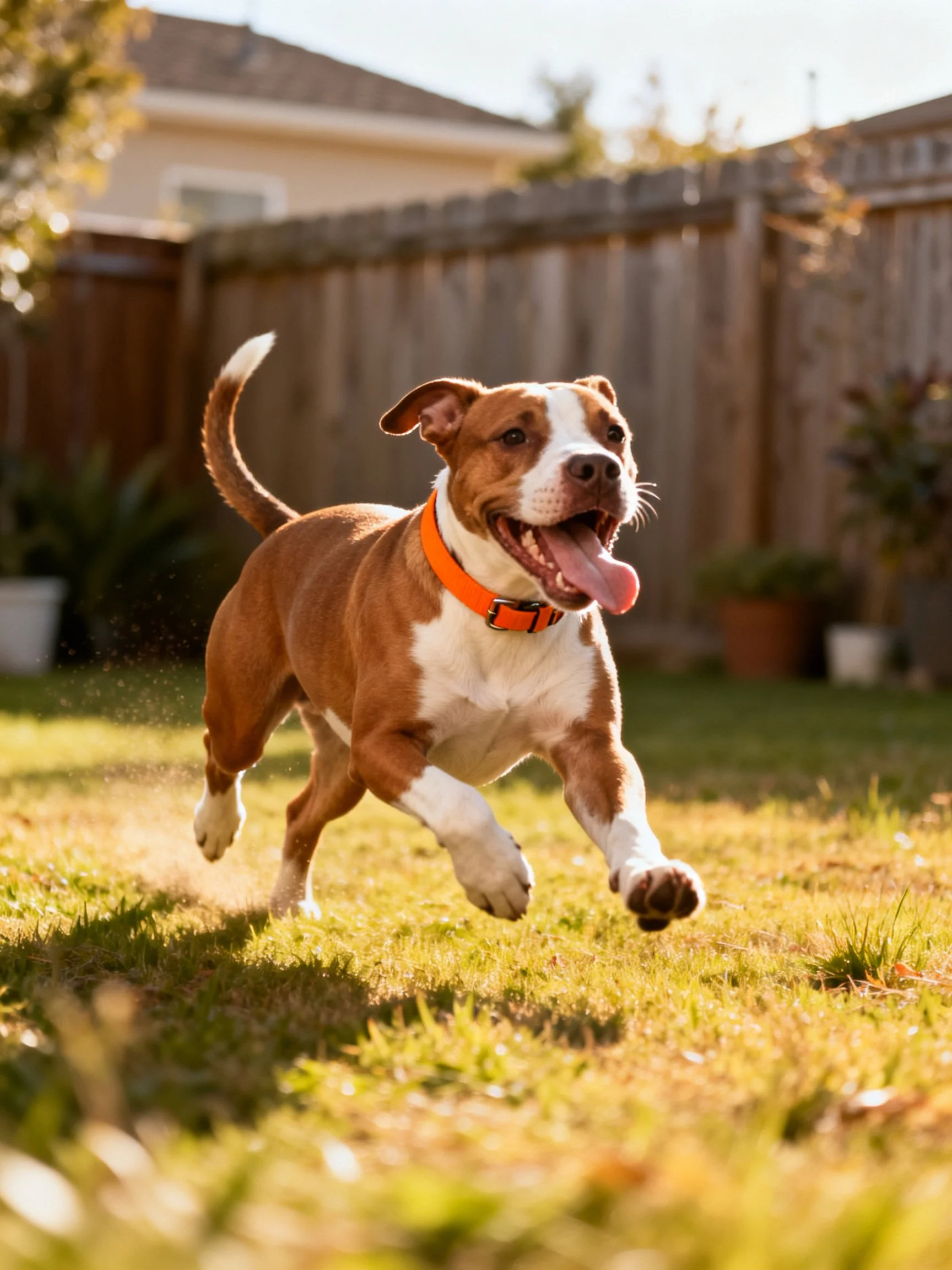 A brown and white dog runs joyfully in a sunny backyard