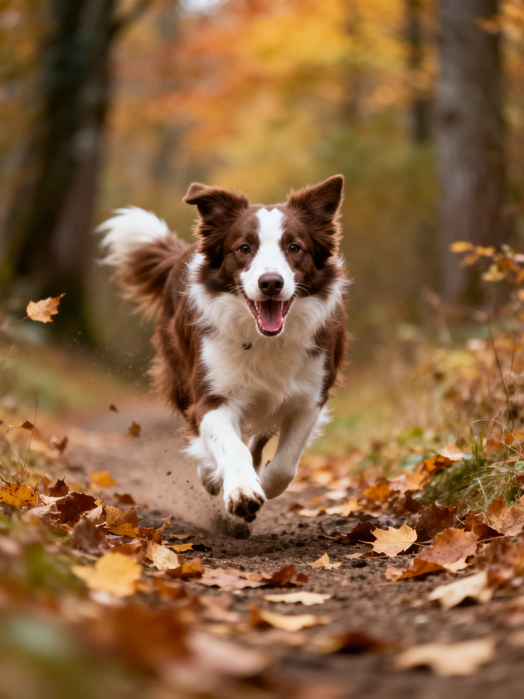 A brown and white dog runs joyfully on a leaf-strewn autumn path