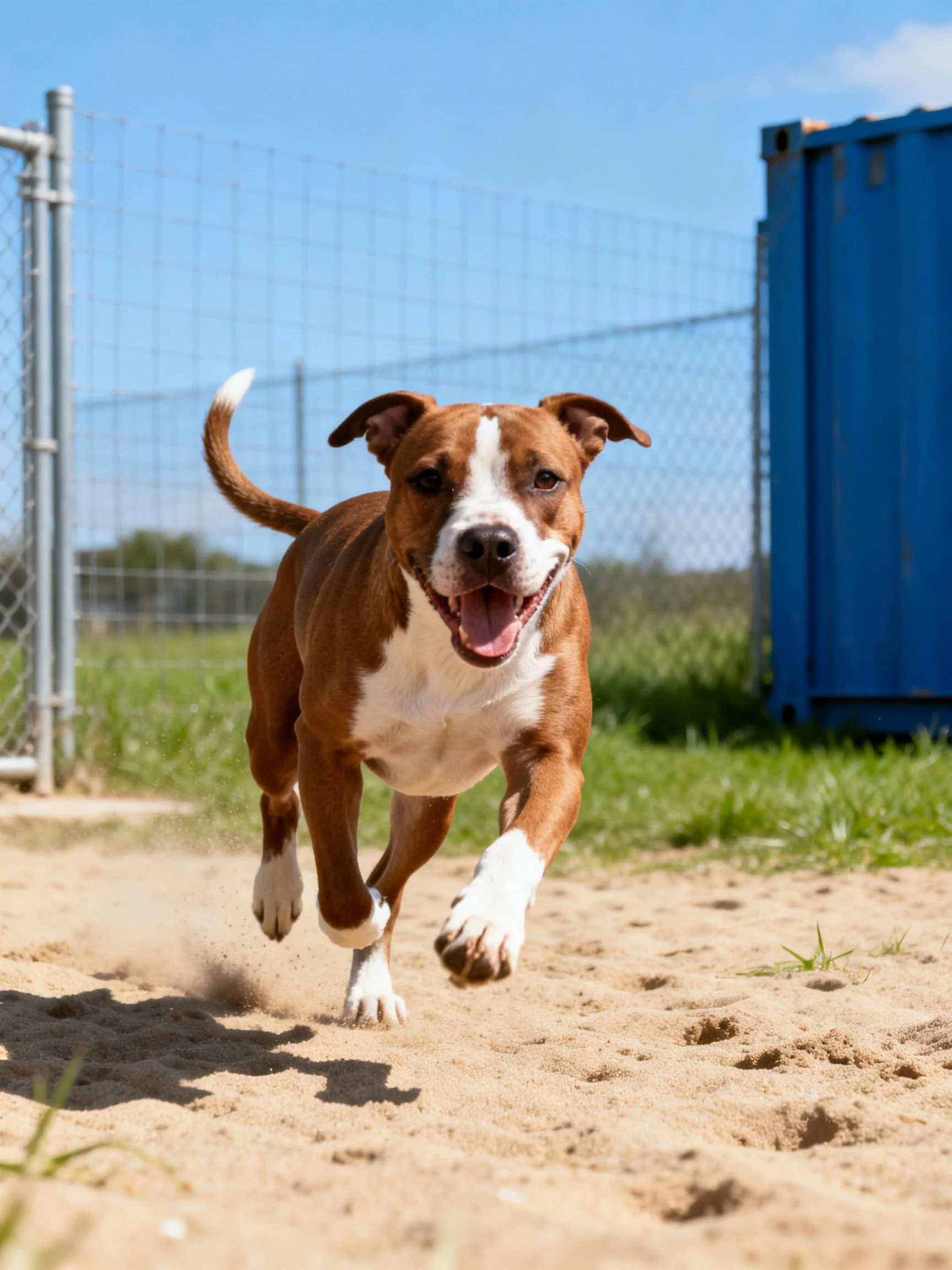 A brown and white dog runs joyfully on sandy ground near a fence