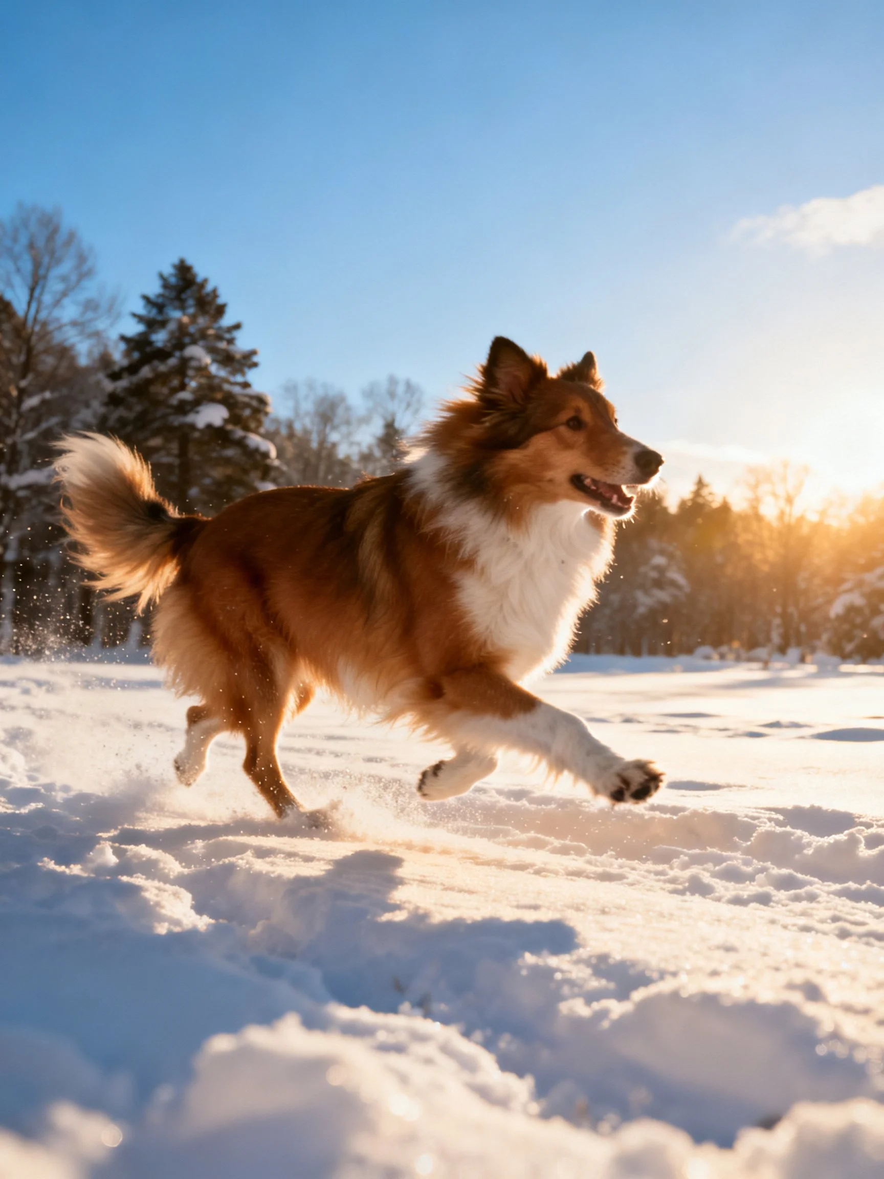 A brown and white dog runs joyfully through a bright snowy field
