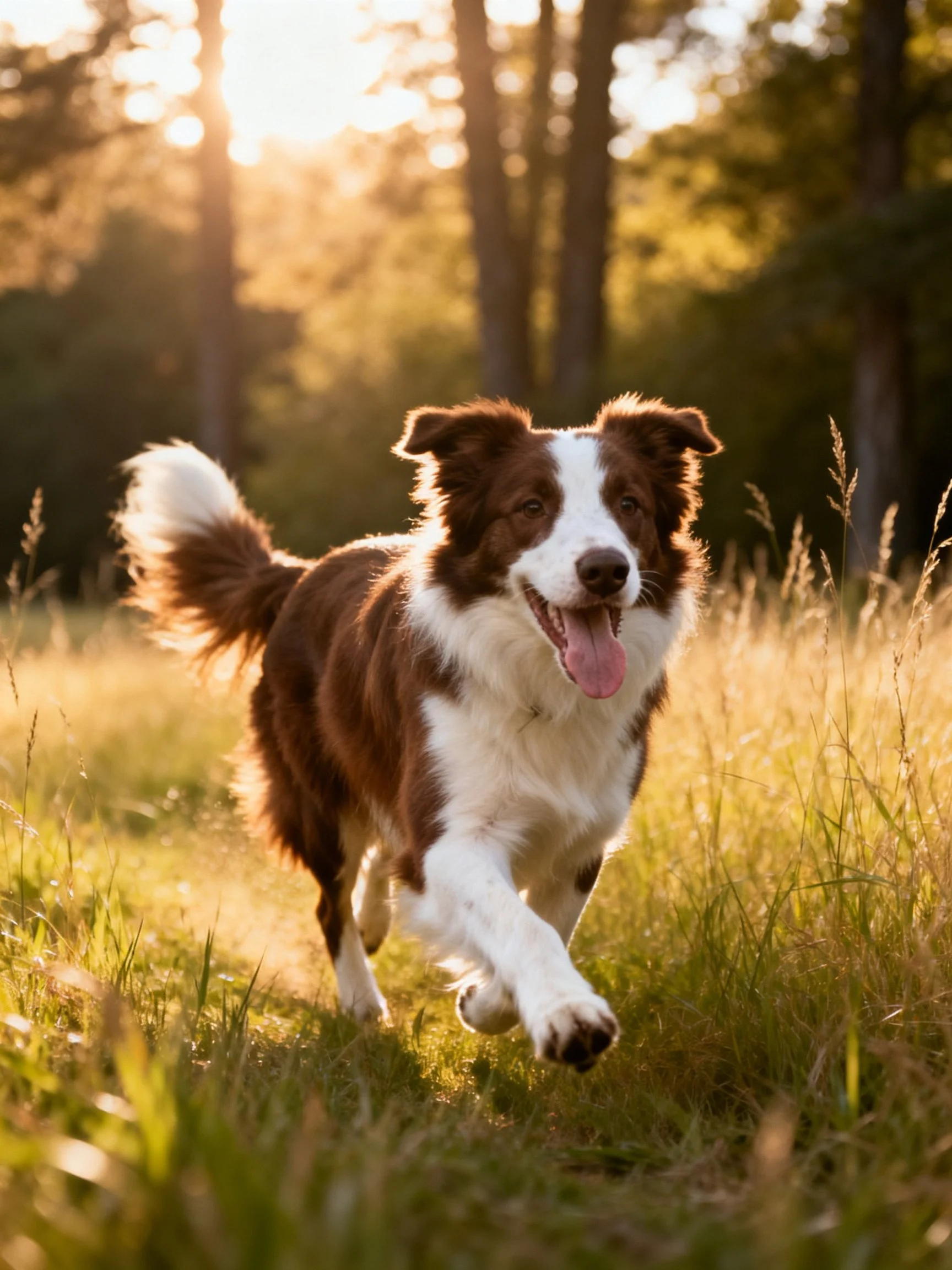 A brown and white dog runs joyfully through golden grass near trees