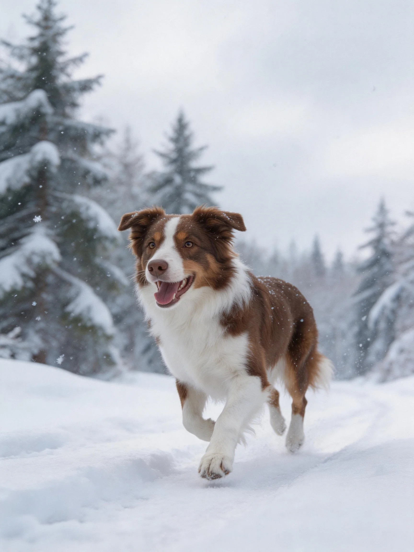 A brown and white dog runs joyfully through a snowy forest landscape.