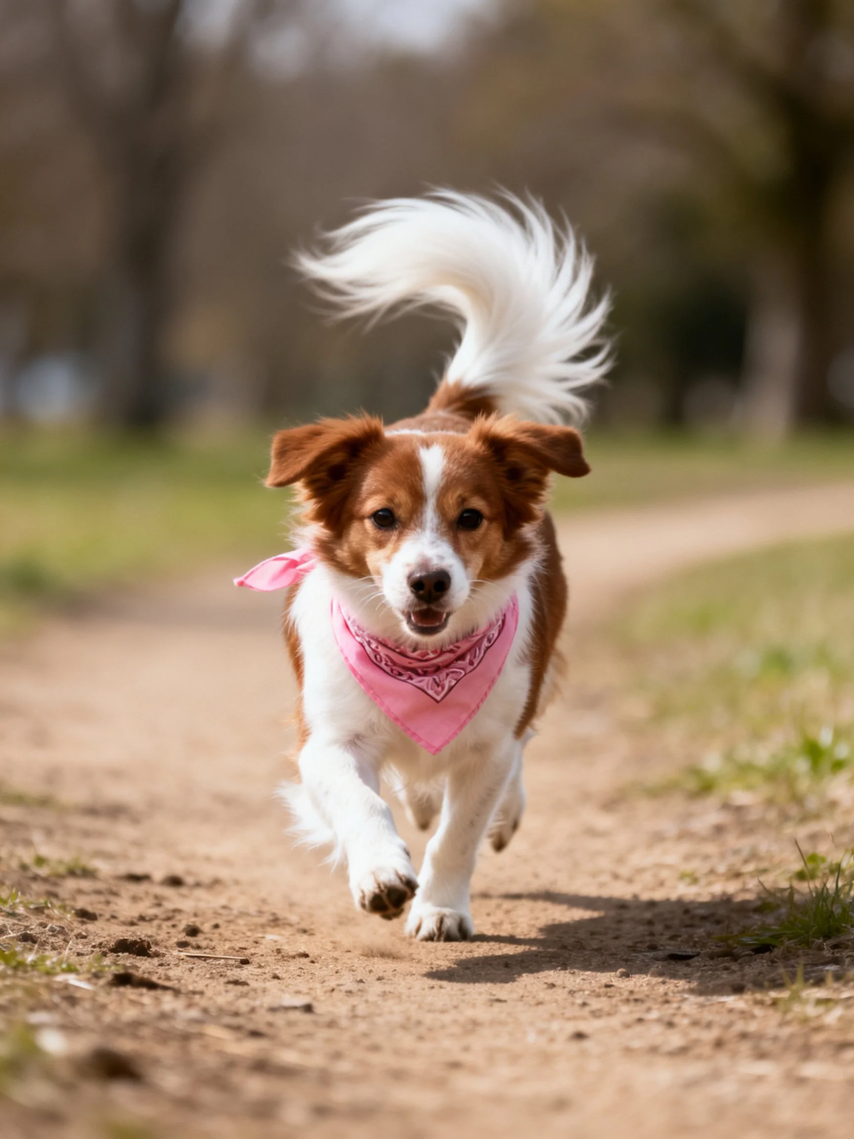 A brown and white dog runs energetically along a dirt path