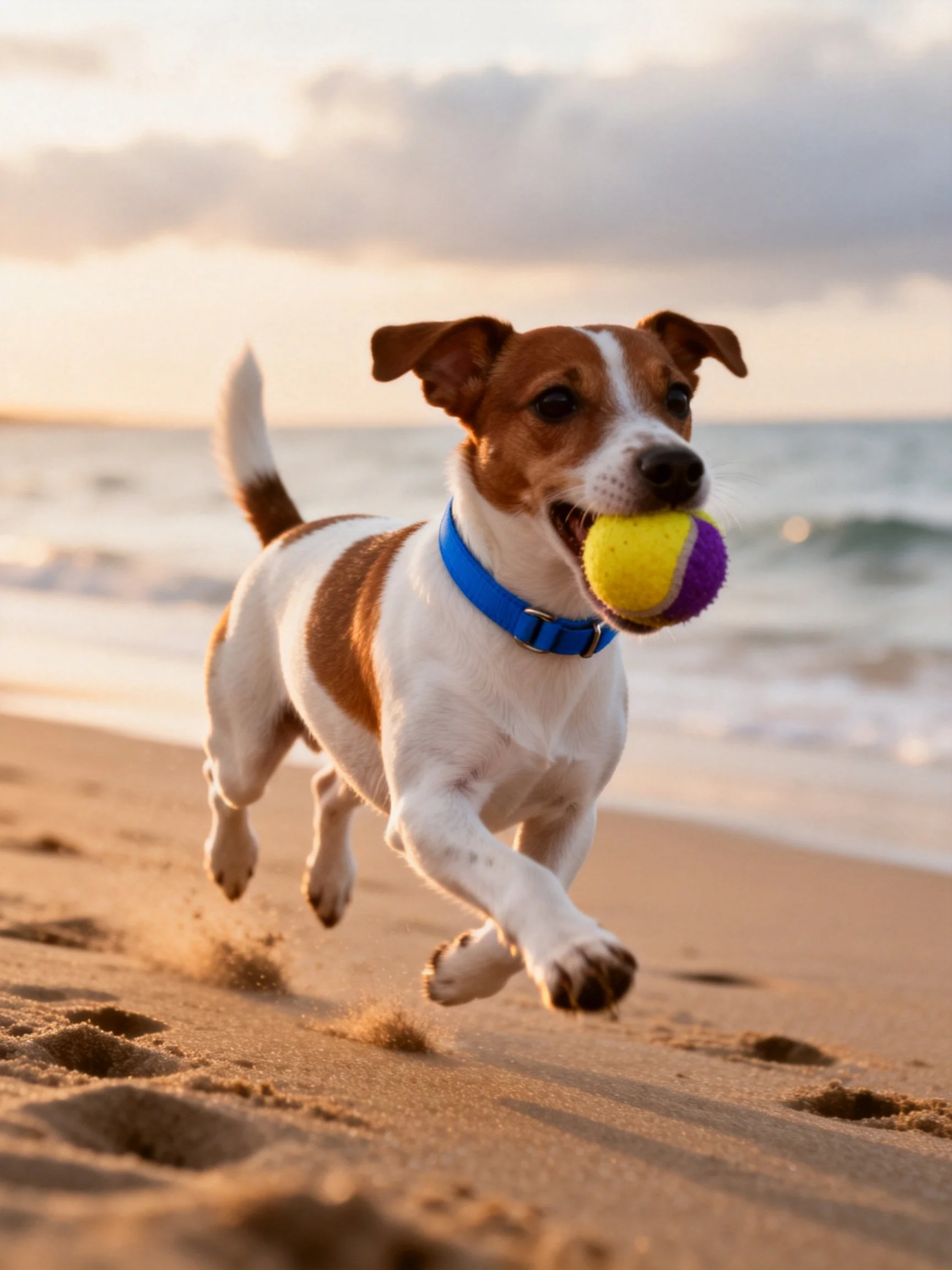 A brown and white dog runs on sandy beach with colorful ball