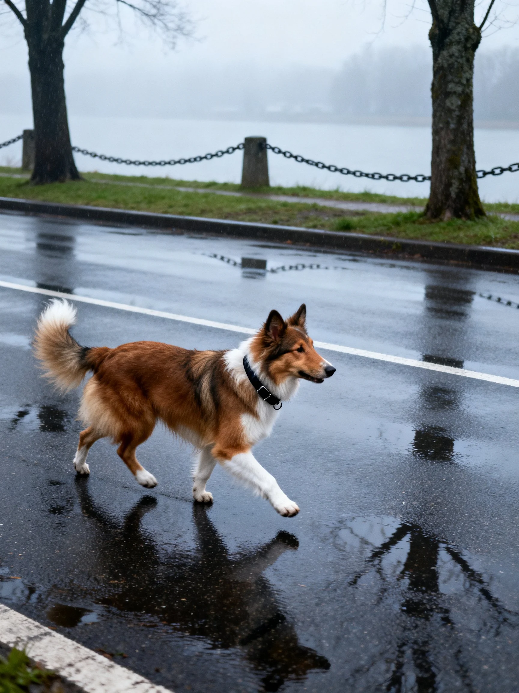 A dog runs across wet pavement near a misty lakeside area