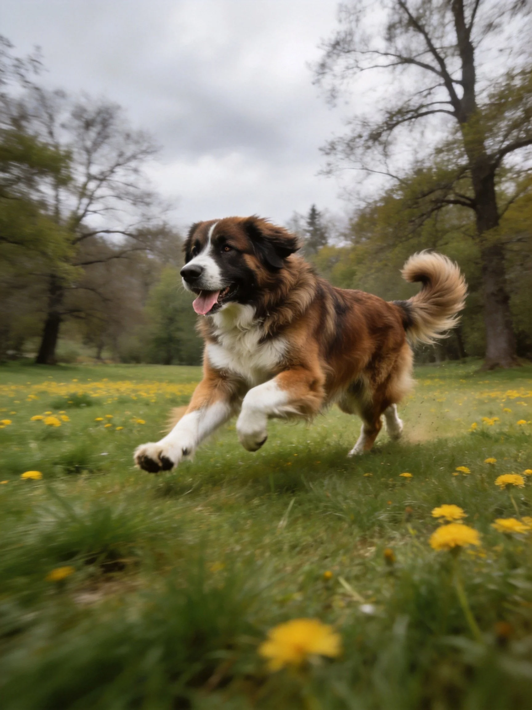 A brown and white dog runs through a dandelion-filled meadow