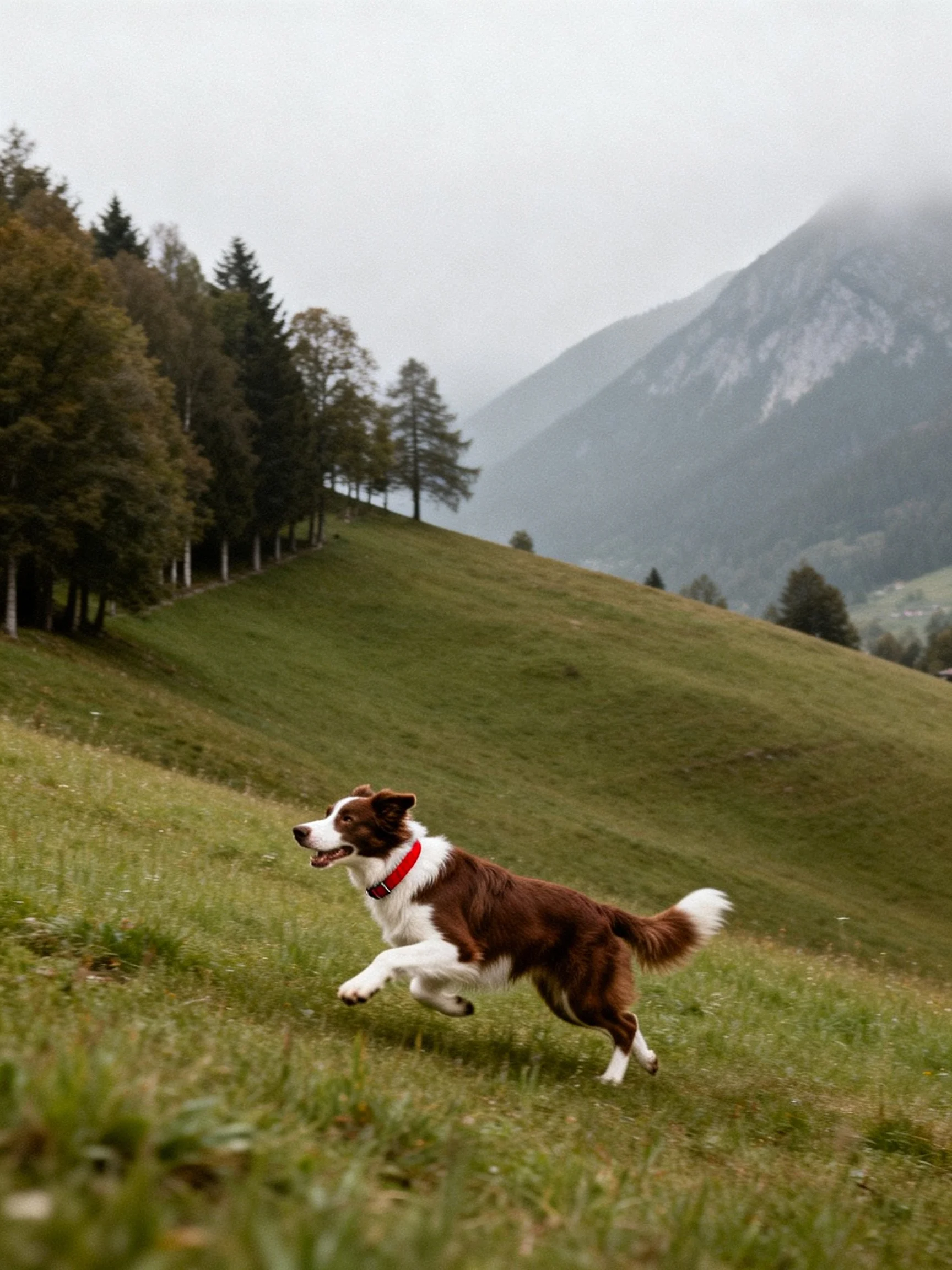 A brown and white dog runs energetically on a grassy hillside with misty mountains nearby.
