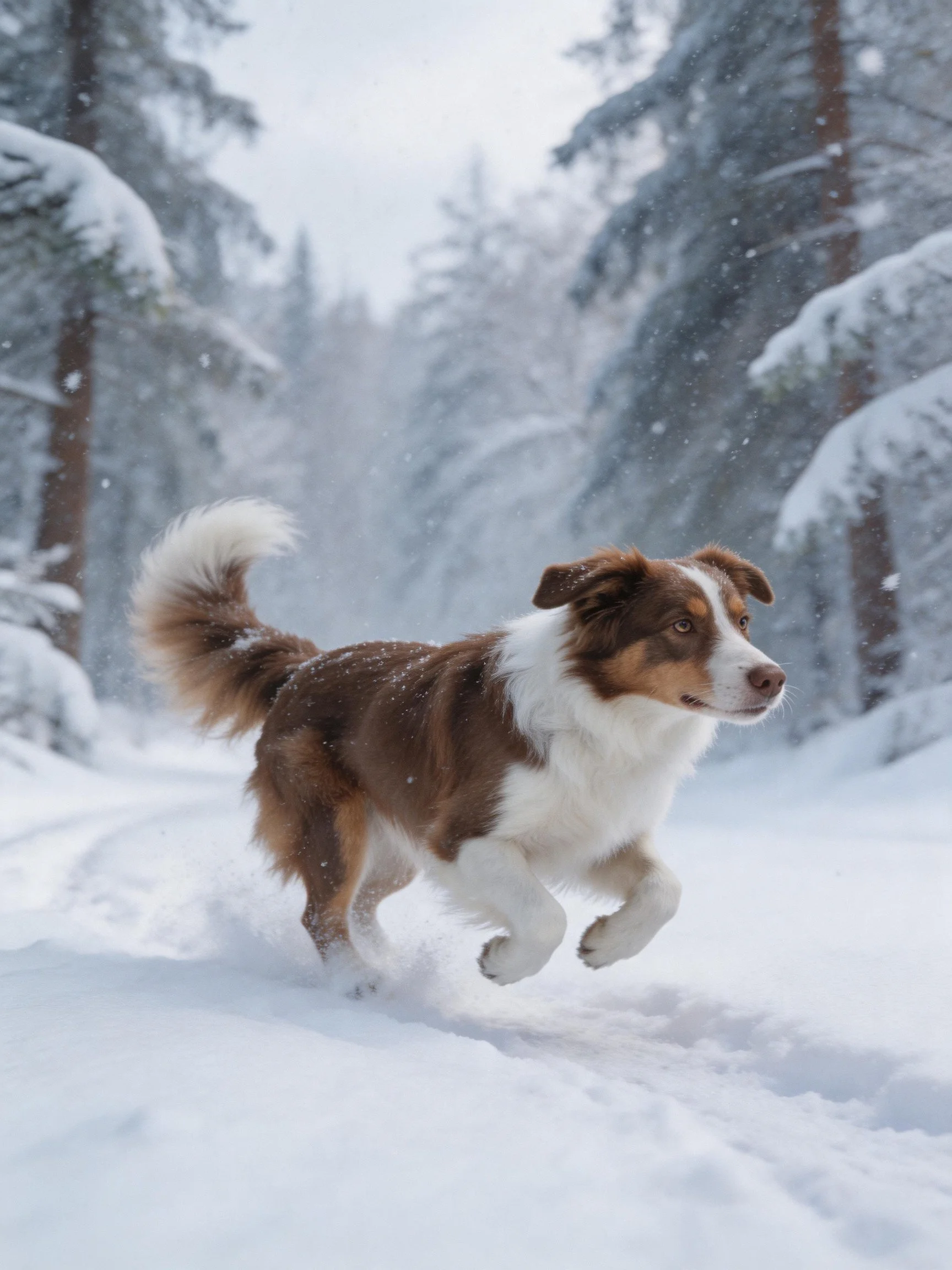 A dog runs through a snowy forest setting