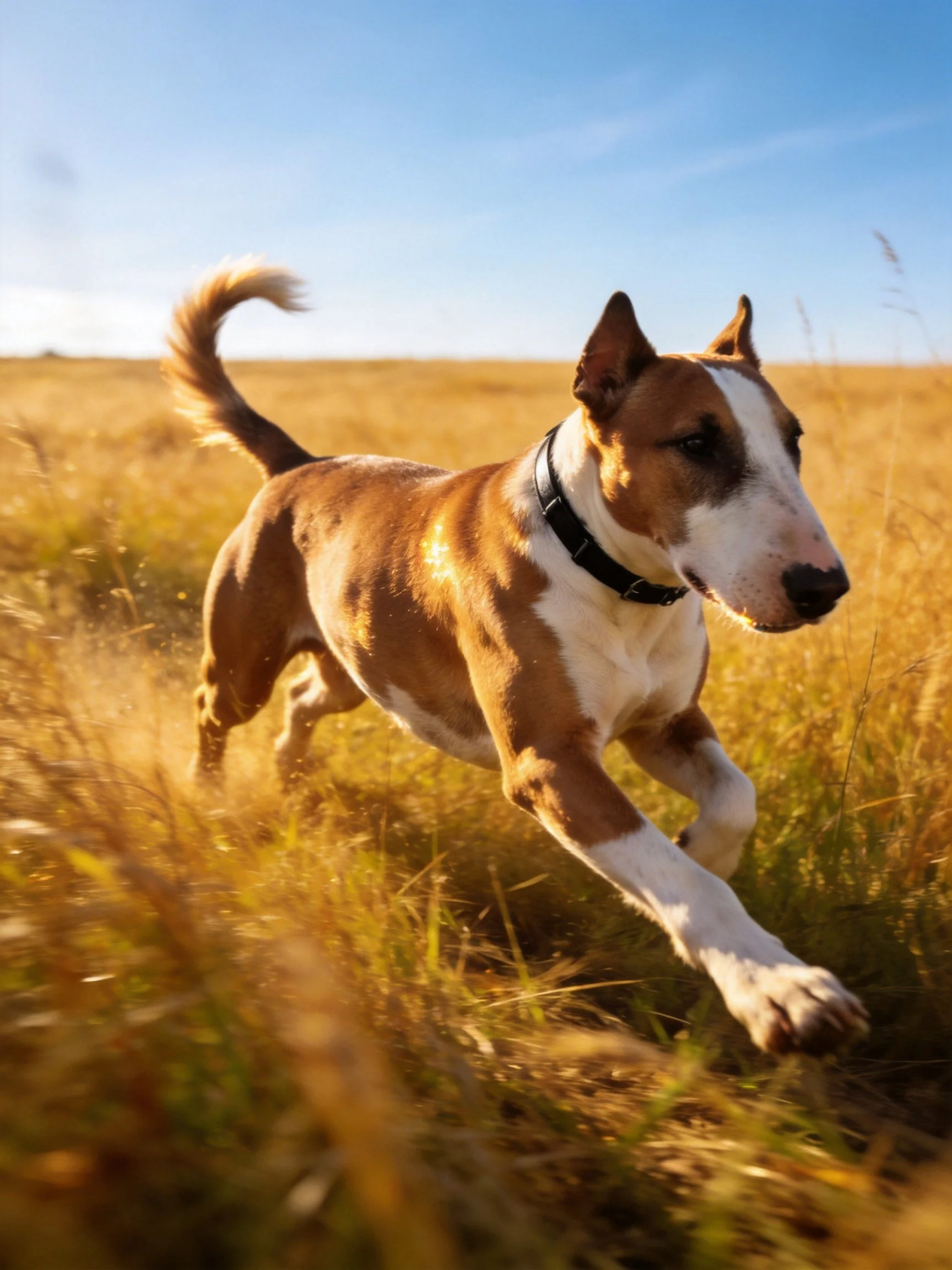 A brown and white dog dashes through golden grass in a sunny open field