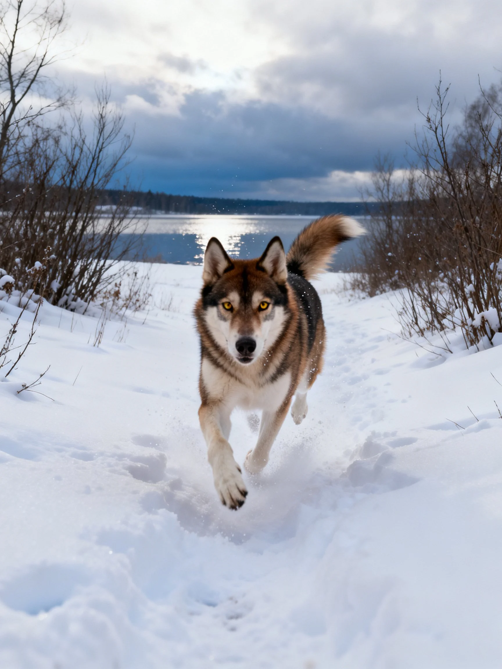 Adog runs through snow near a lake in winter