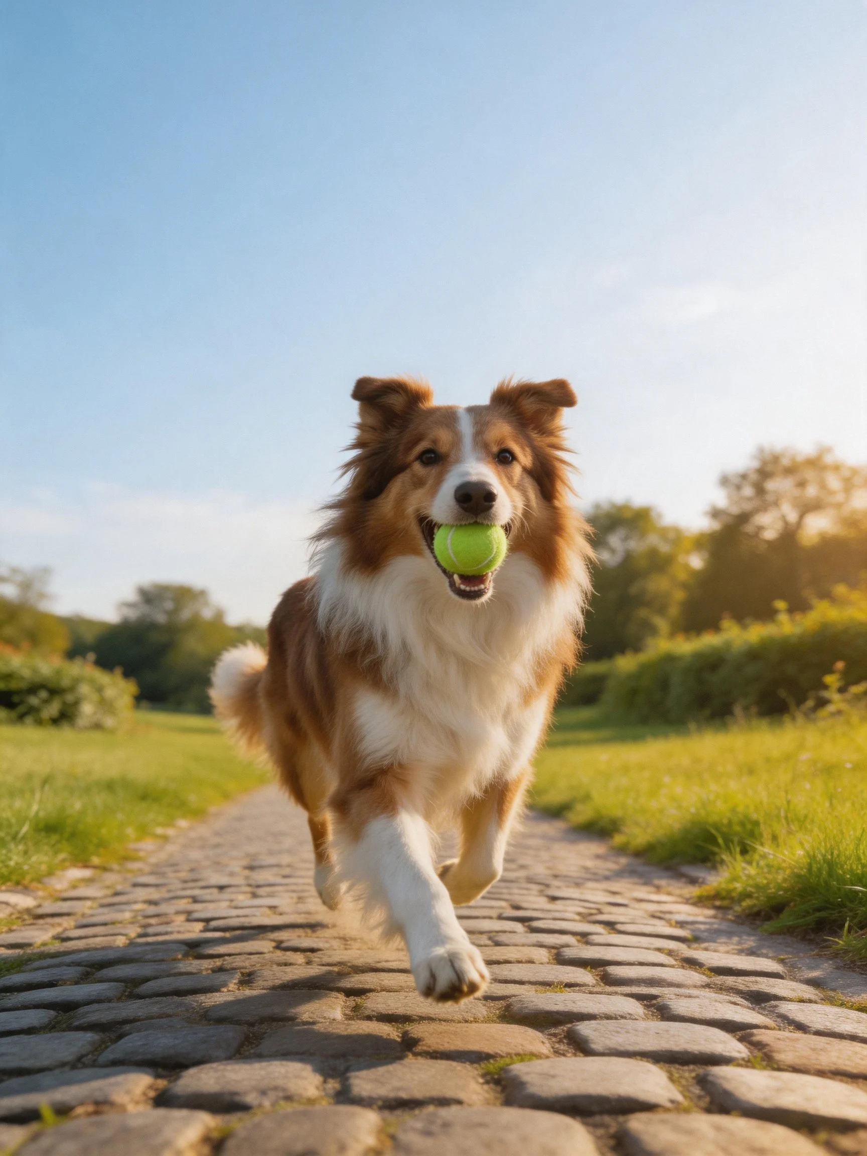 A brown and white dog runs toward the viewer with a green tennis ball on a cobblestone path