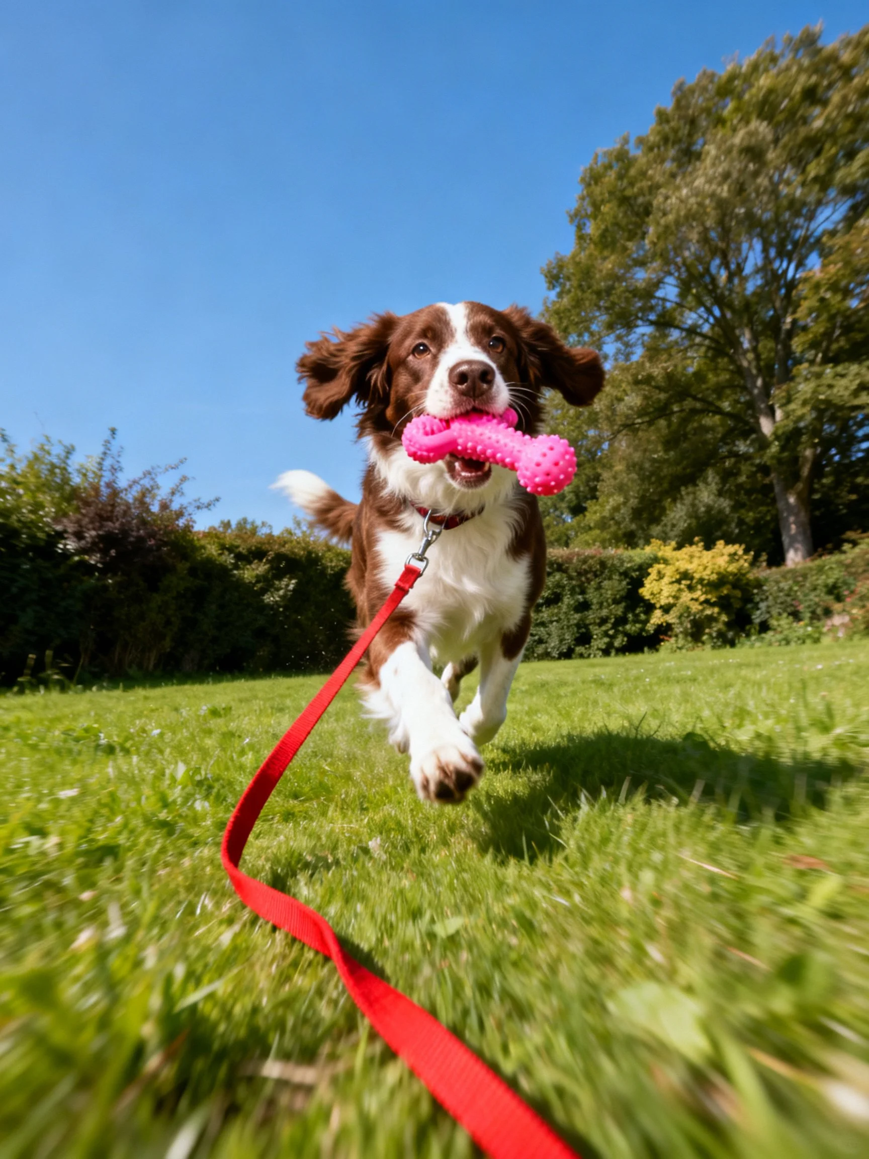 A brown and white dog carries a pink toy while running on green grass.