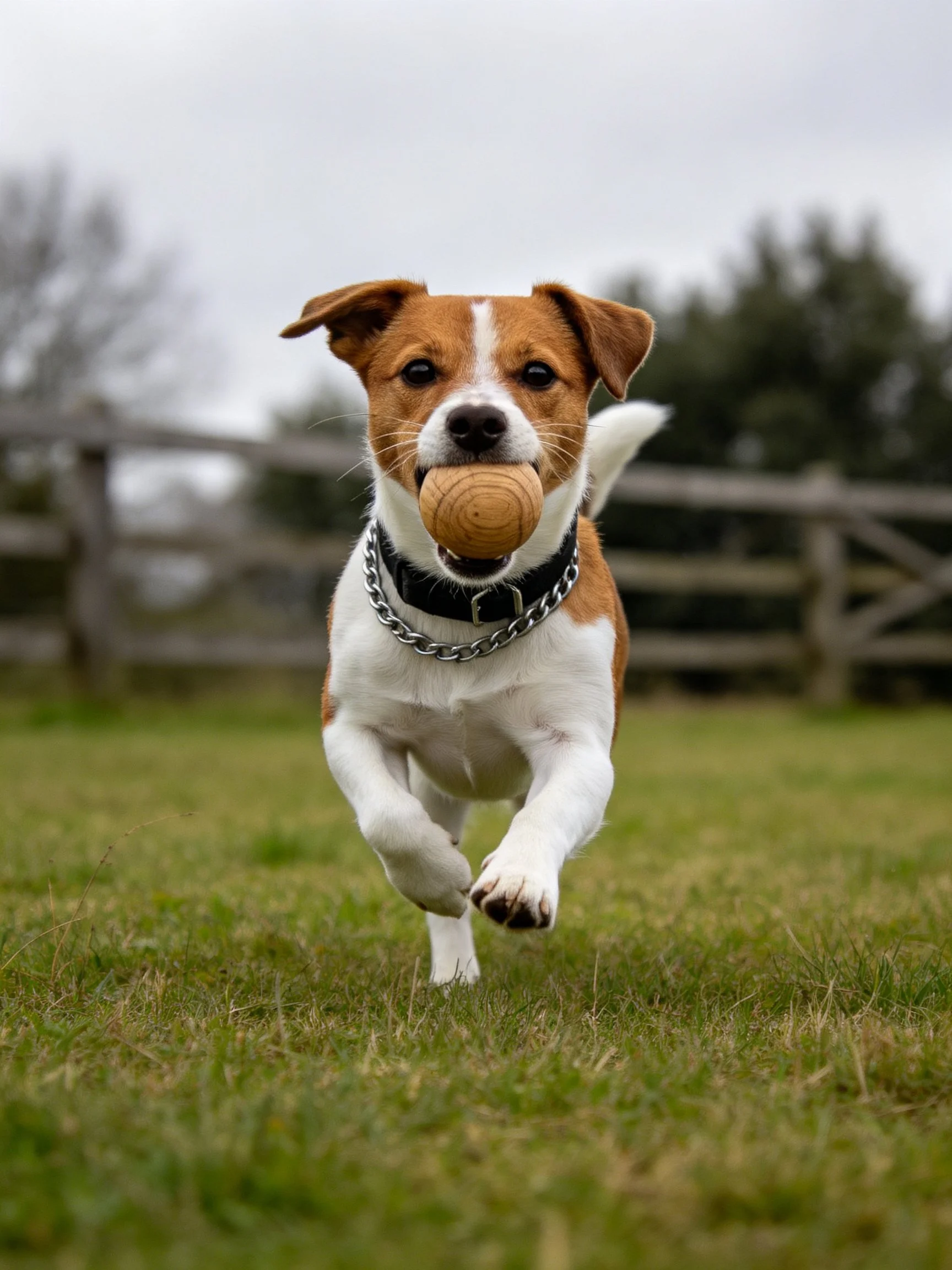 A brown and white dog runs carrying a wooden ball on grass