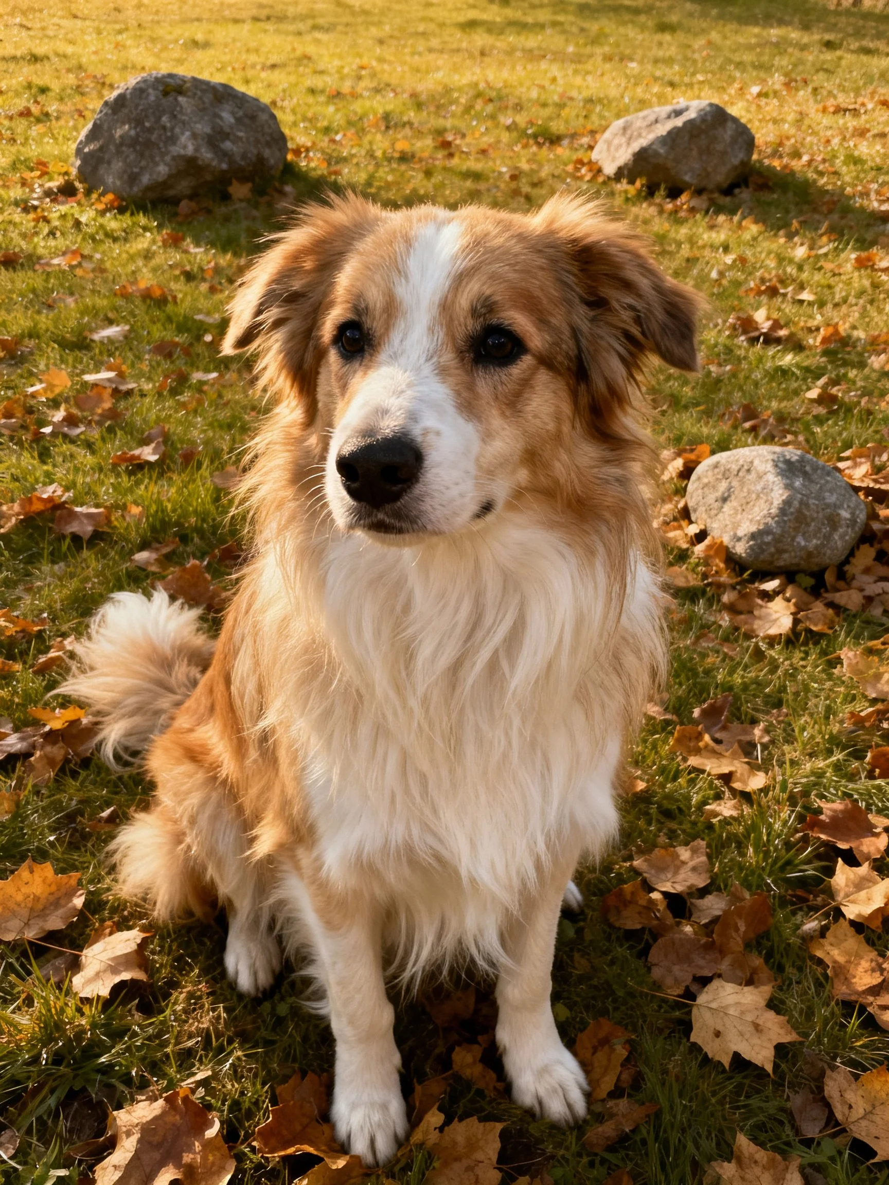A brown and white dog sits calmly in an autumnal landscape with scattered leaves and rocks.